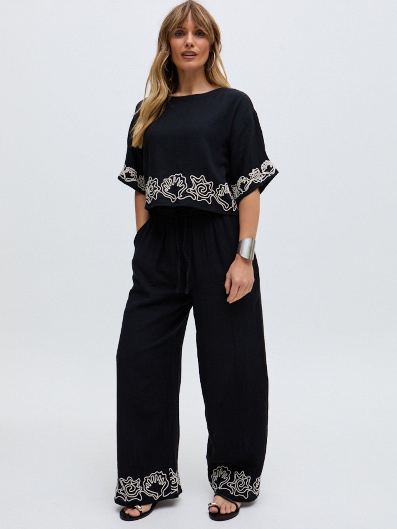 undefined Milly Wide Leg Embroidered Trouser - Black