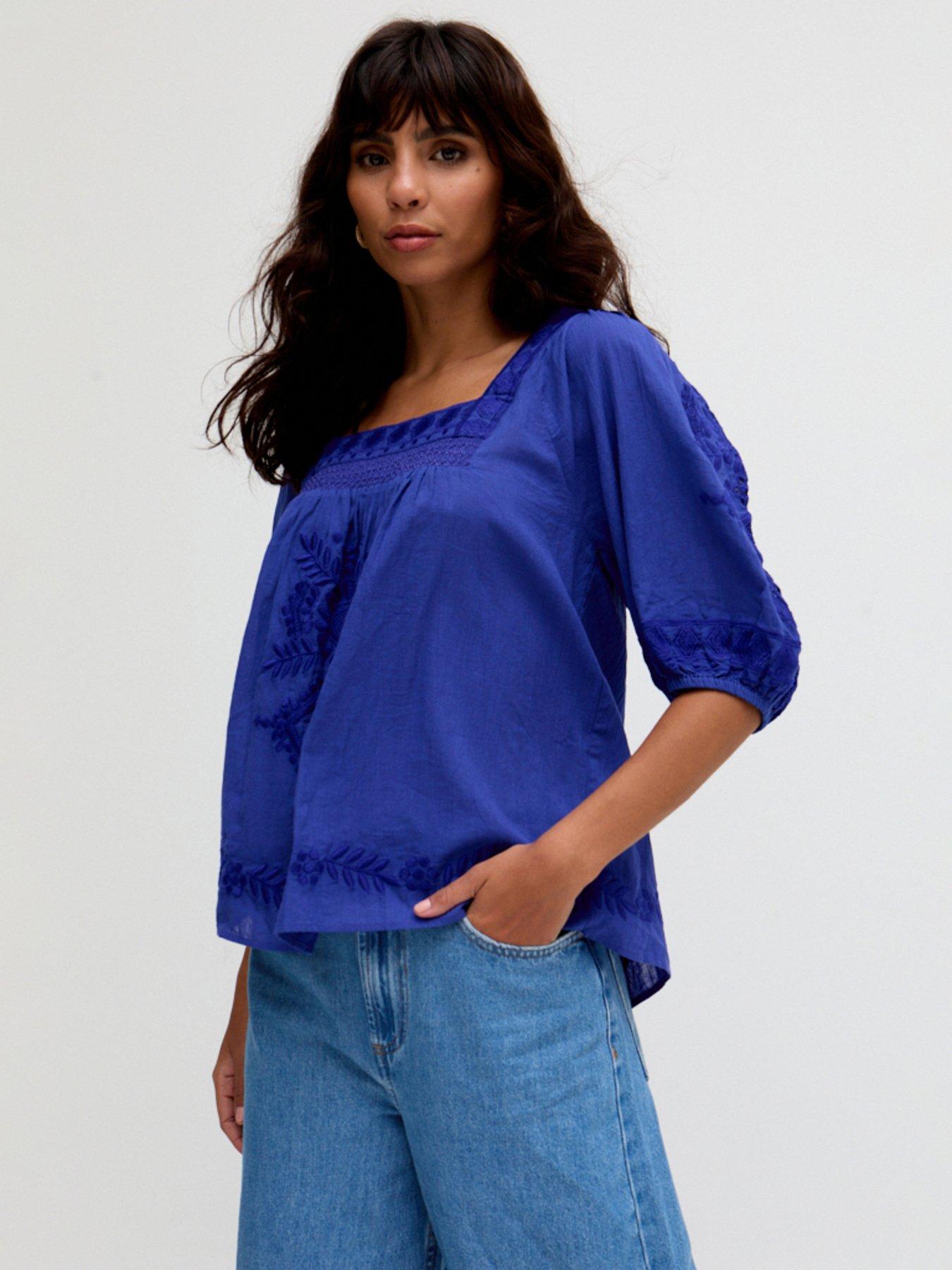 undefined Rhea Square Neck Embroidered Blouse - Blue