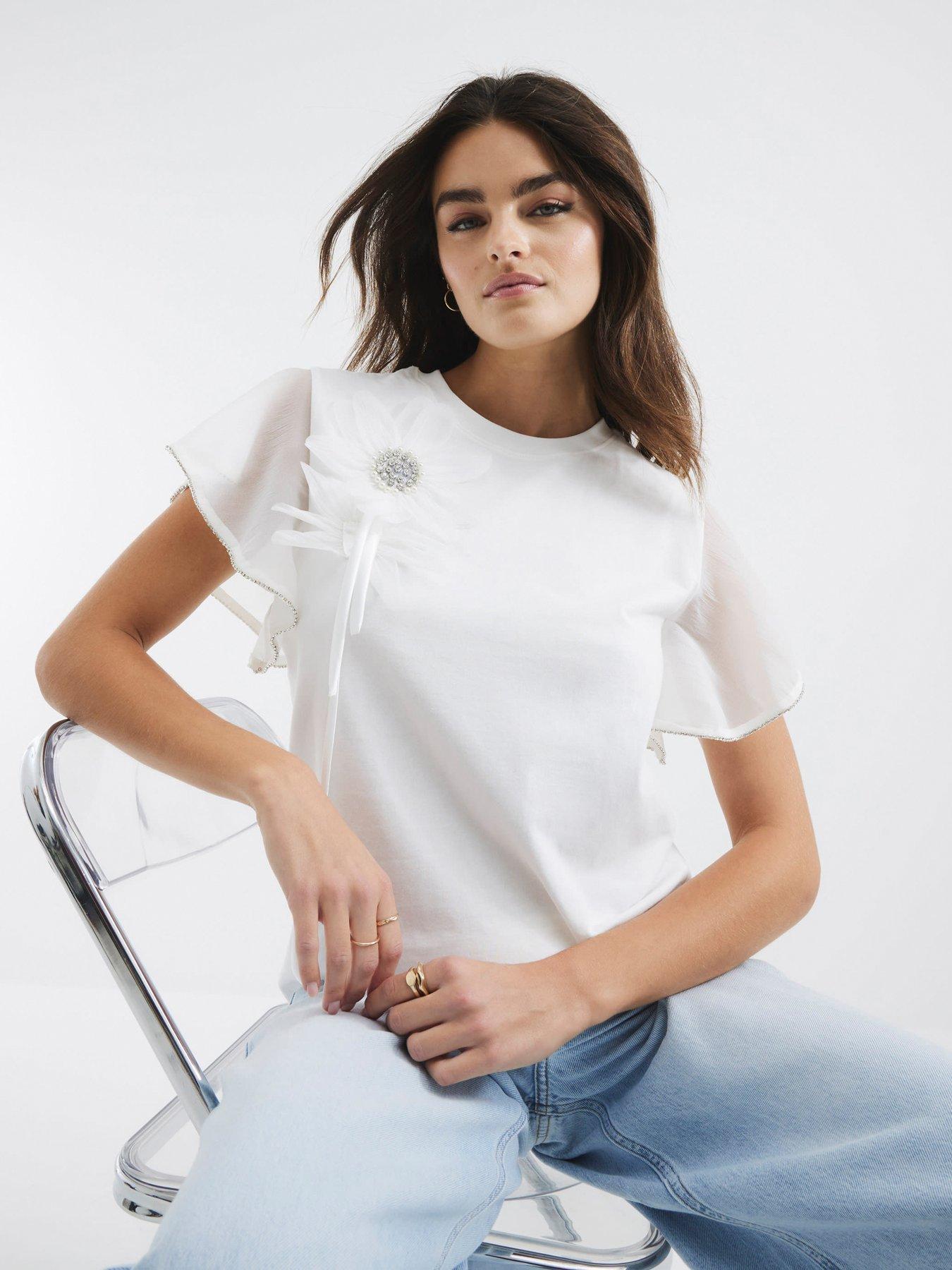 undefined Diamante Flower Trim Top - White