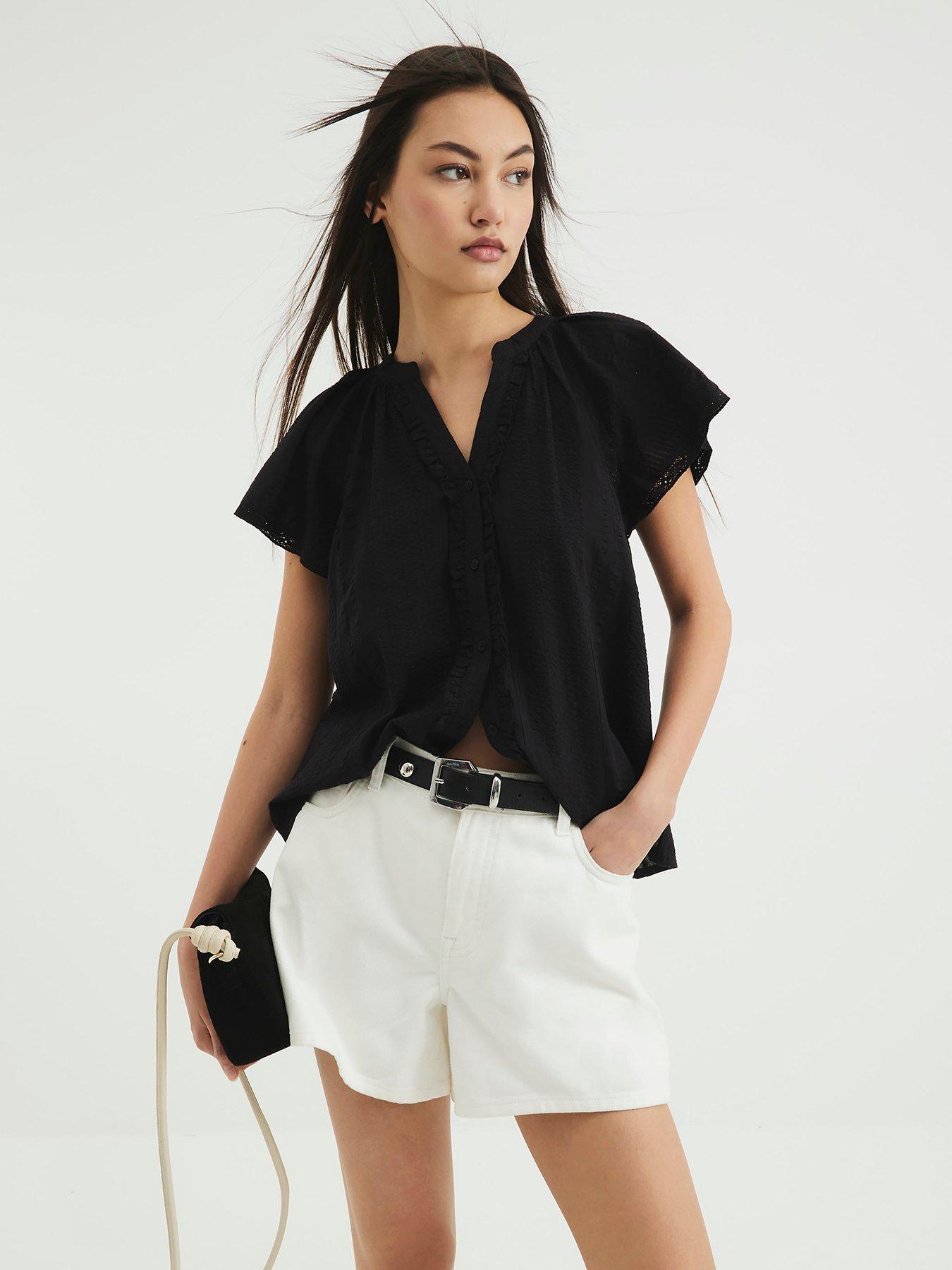 undefined Frill V Neck Top - Black