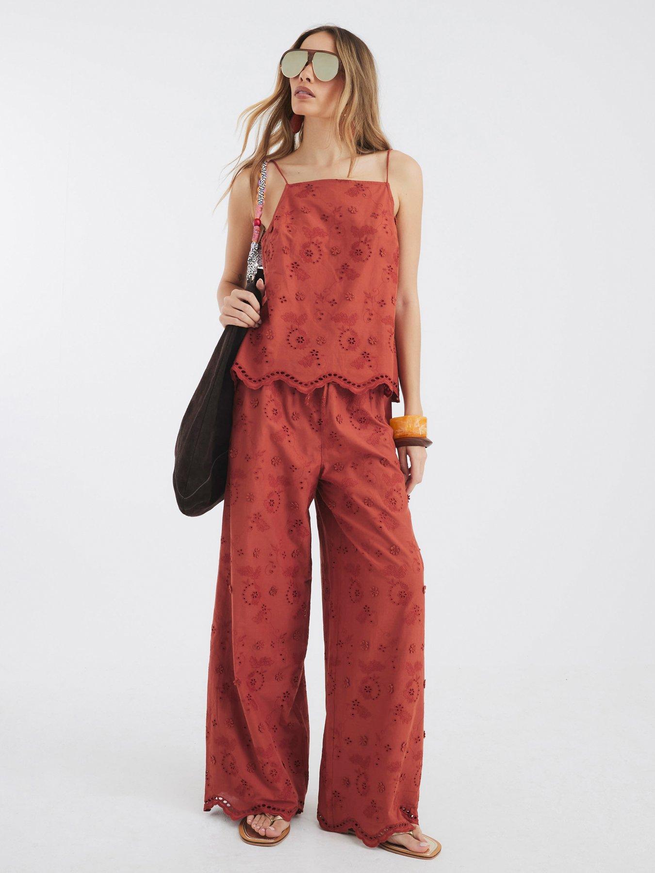 undefined Embroidered Tie Waist Trouser - Rust