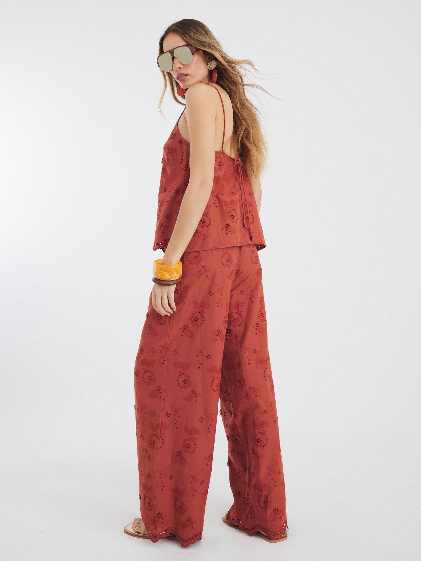 Image 2 of 4 of River Island Embroidered Tie Waist Trouser - Rust