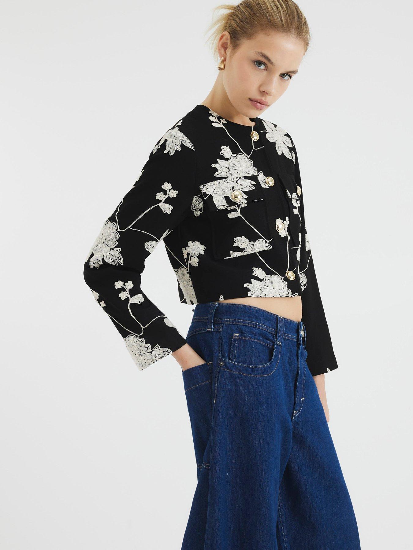 undefined Embroidered Collarless Jacket - Black