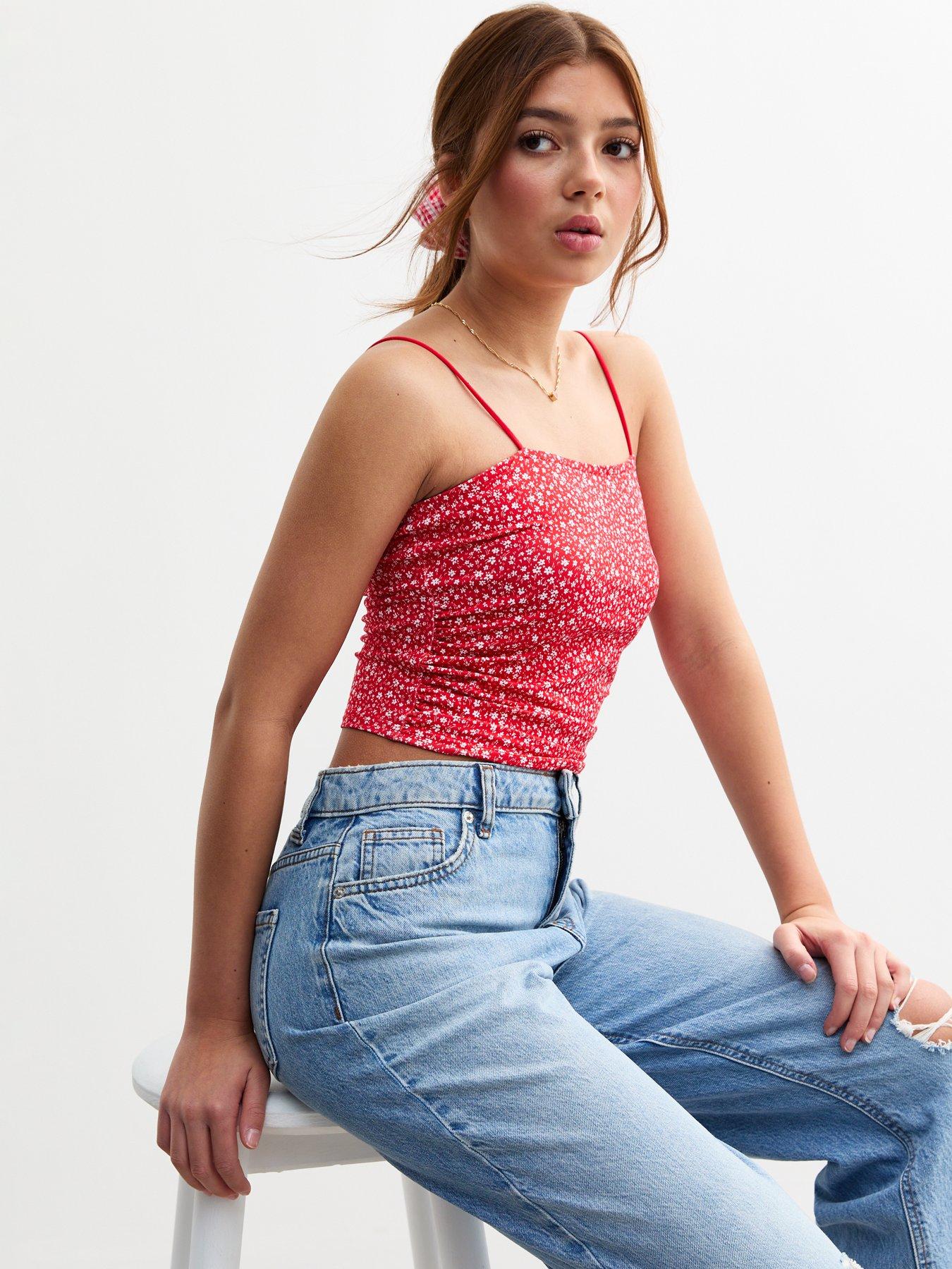 undefined Girls Ditsy Print Ruched Cami Top - Red