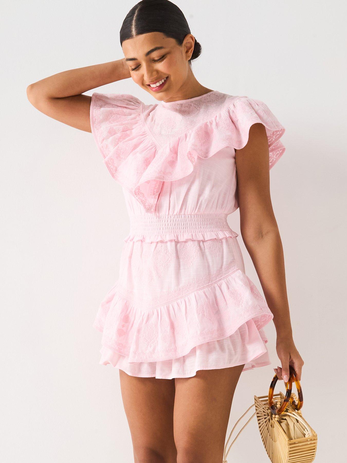 undefined Embroidered Frill Front Mini Dress - Pink