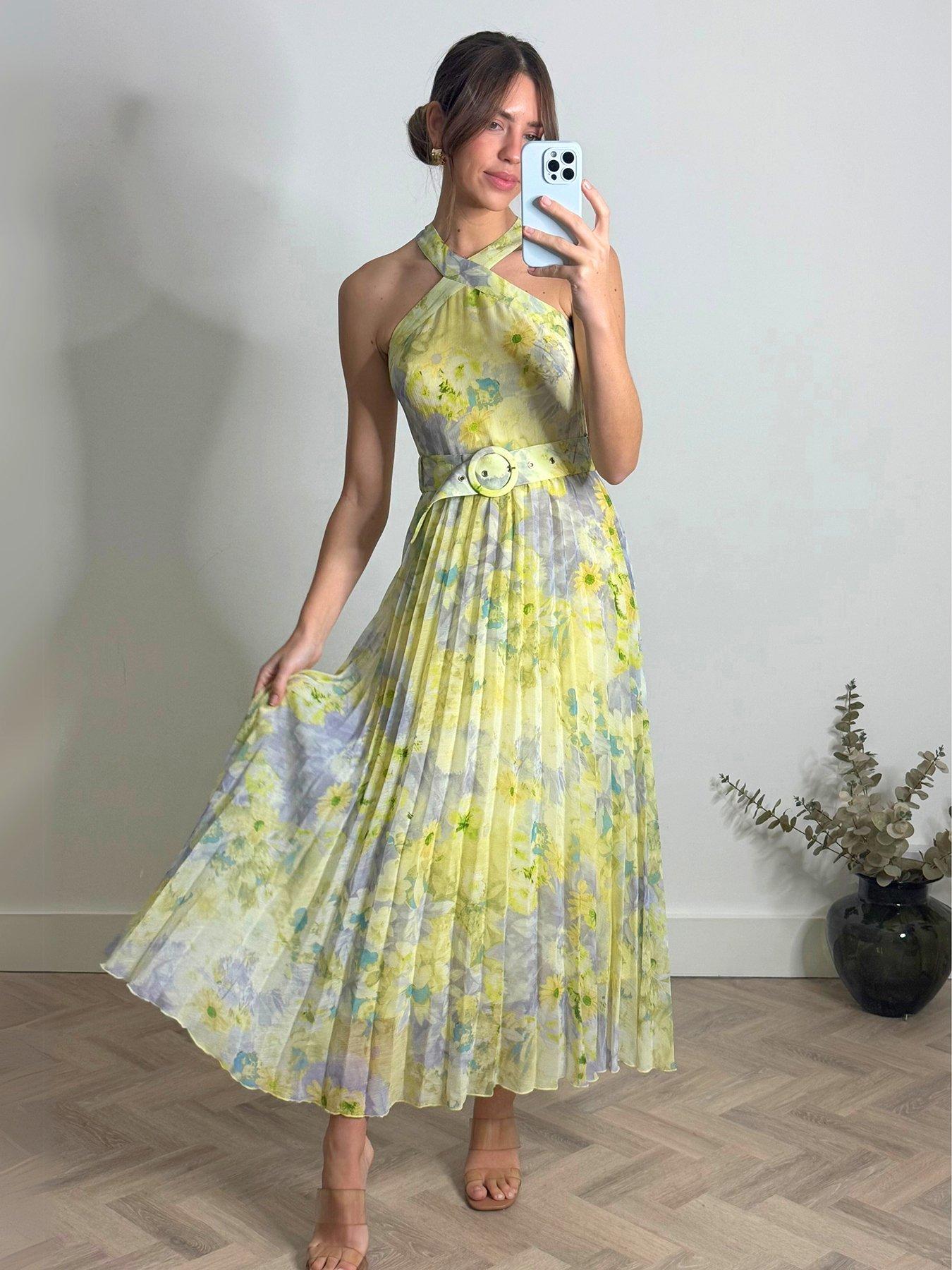 undefined Paige Halter Neck Belted Pleated Dress - Multi
