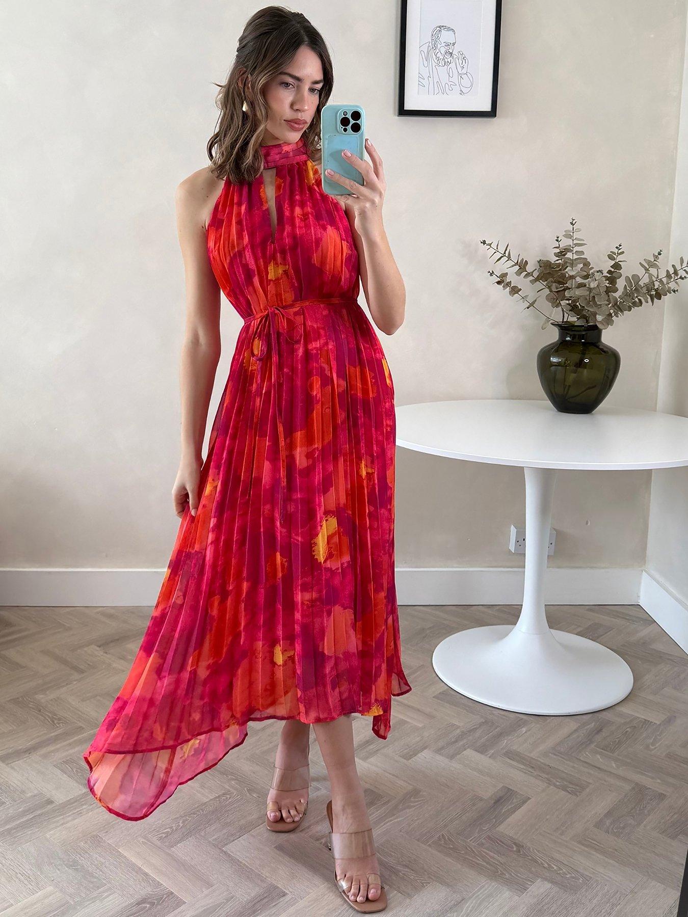 undefined Halter Neck Pleated Trapeze Dress - Pink