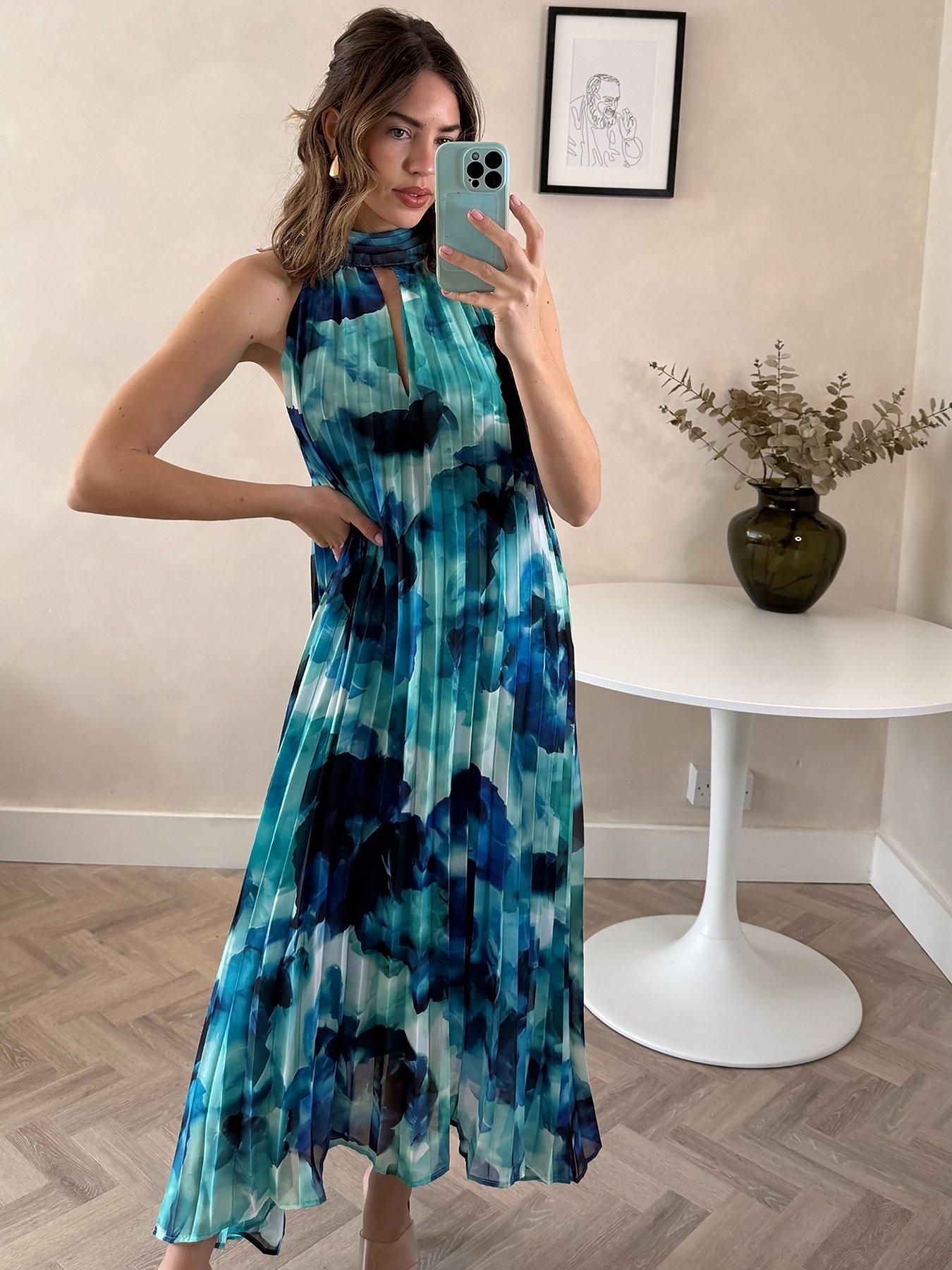Image 1 of 4 of Style Cheat Halter Neck Pleated Trapeze Dress - Blue
