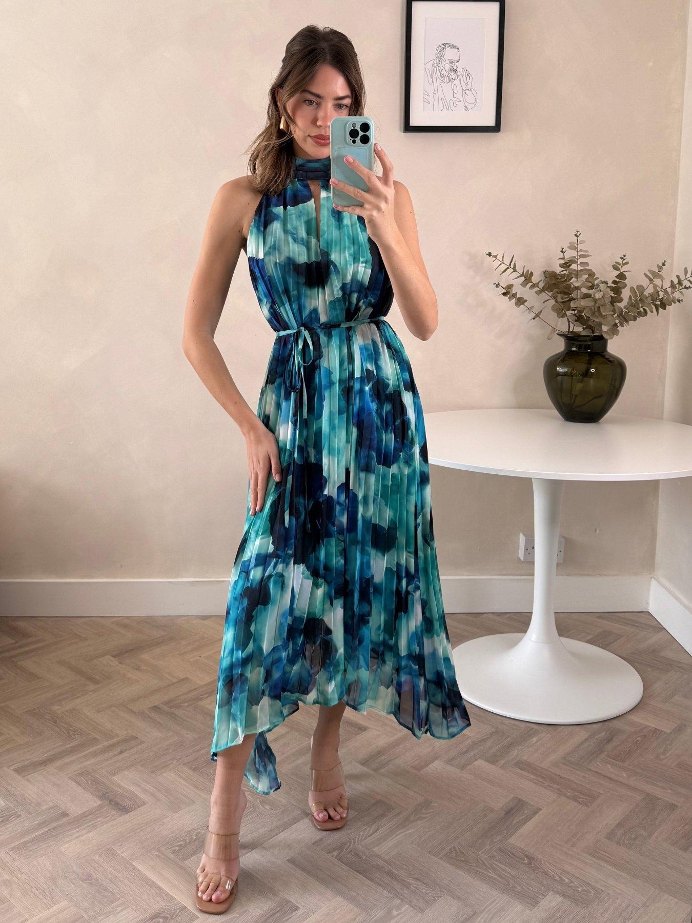 Image 3 of 4 of Style Cheat Halter Neck Pleated Trapeze Dress - Blue