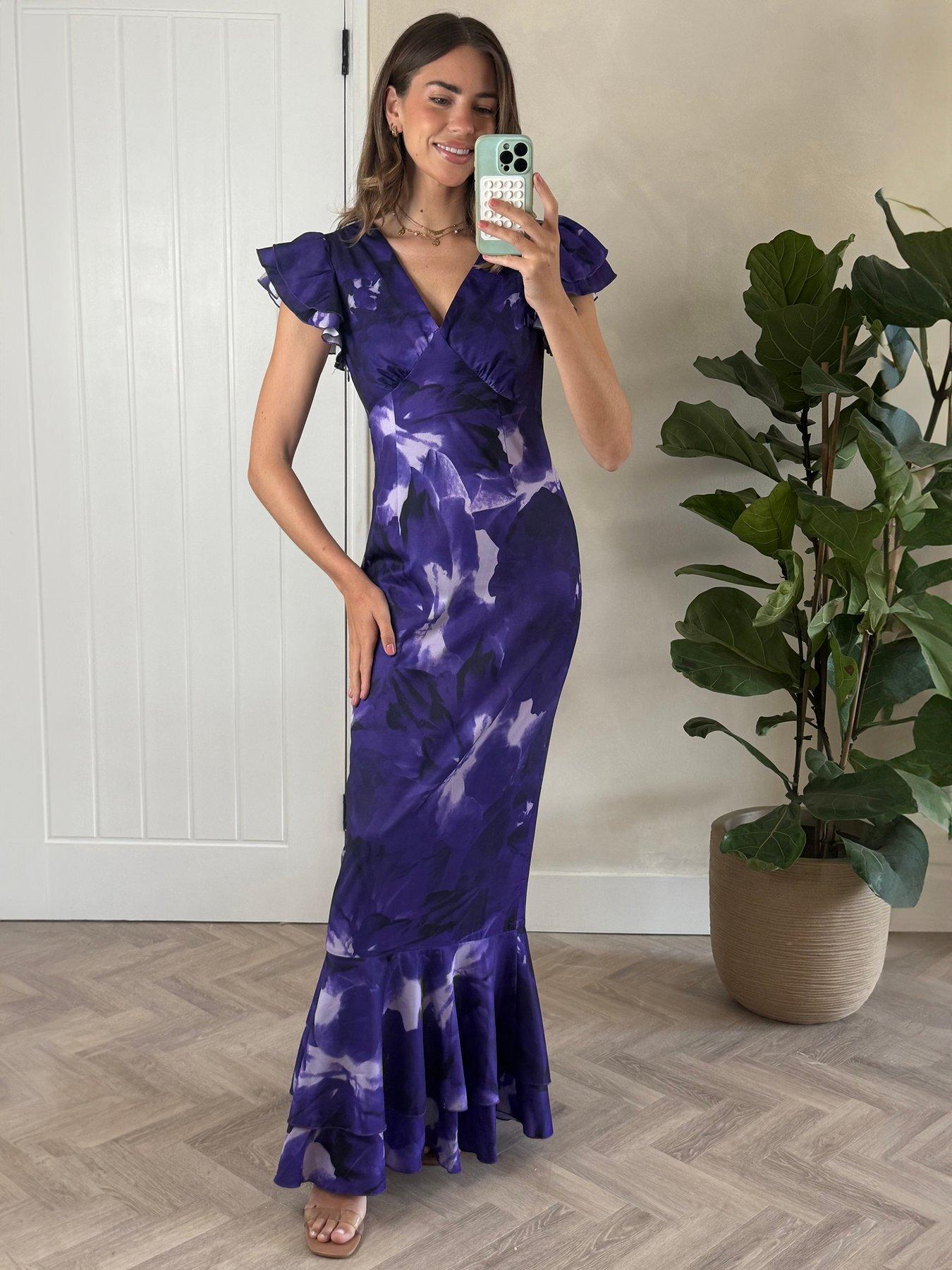undefined Ruffle V Neck Maxi Dress - Purple