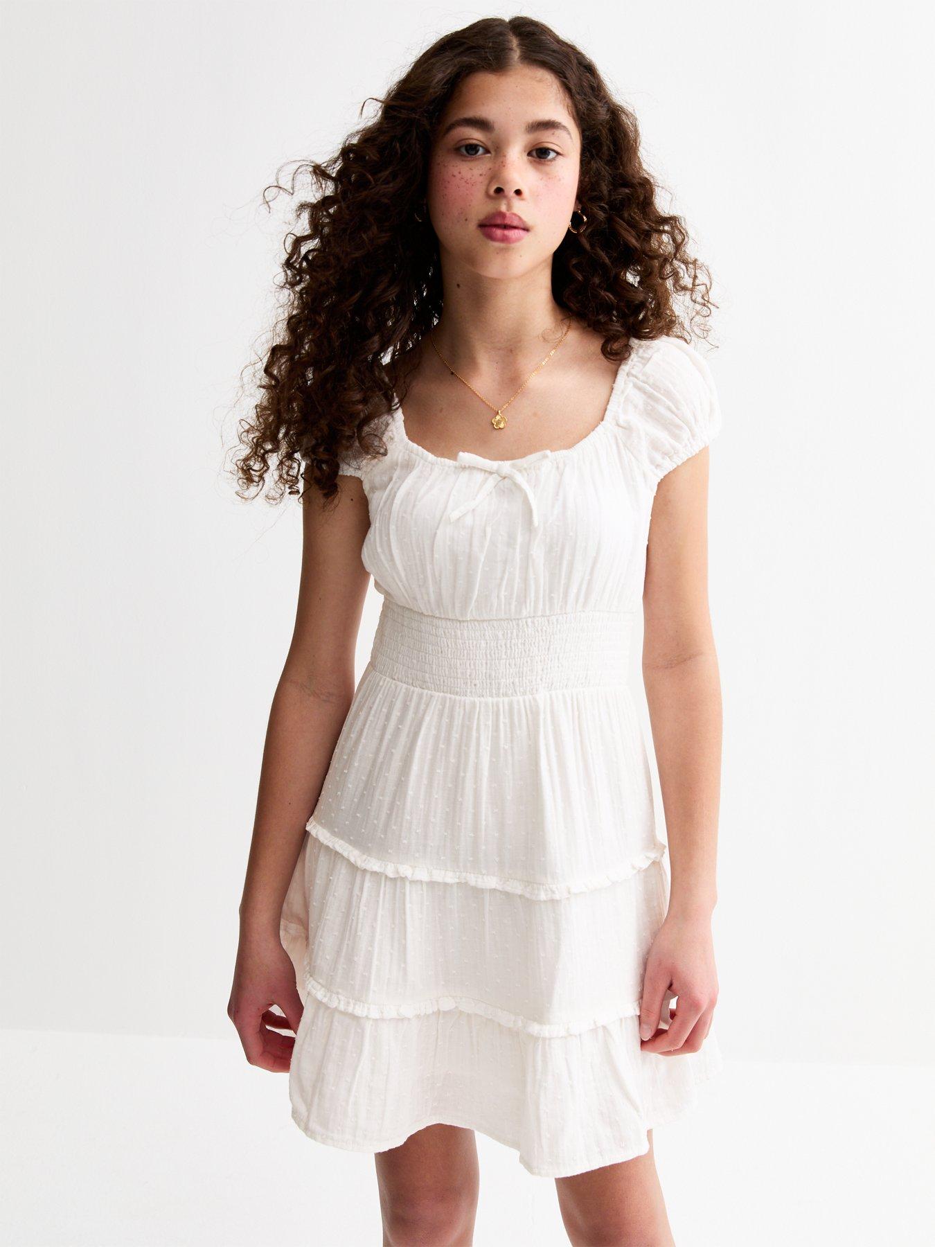 undefined Girls Swiss Dot Milkmaid Mini Dress - White