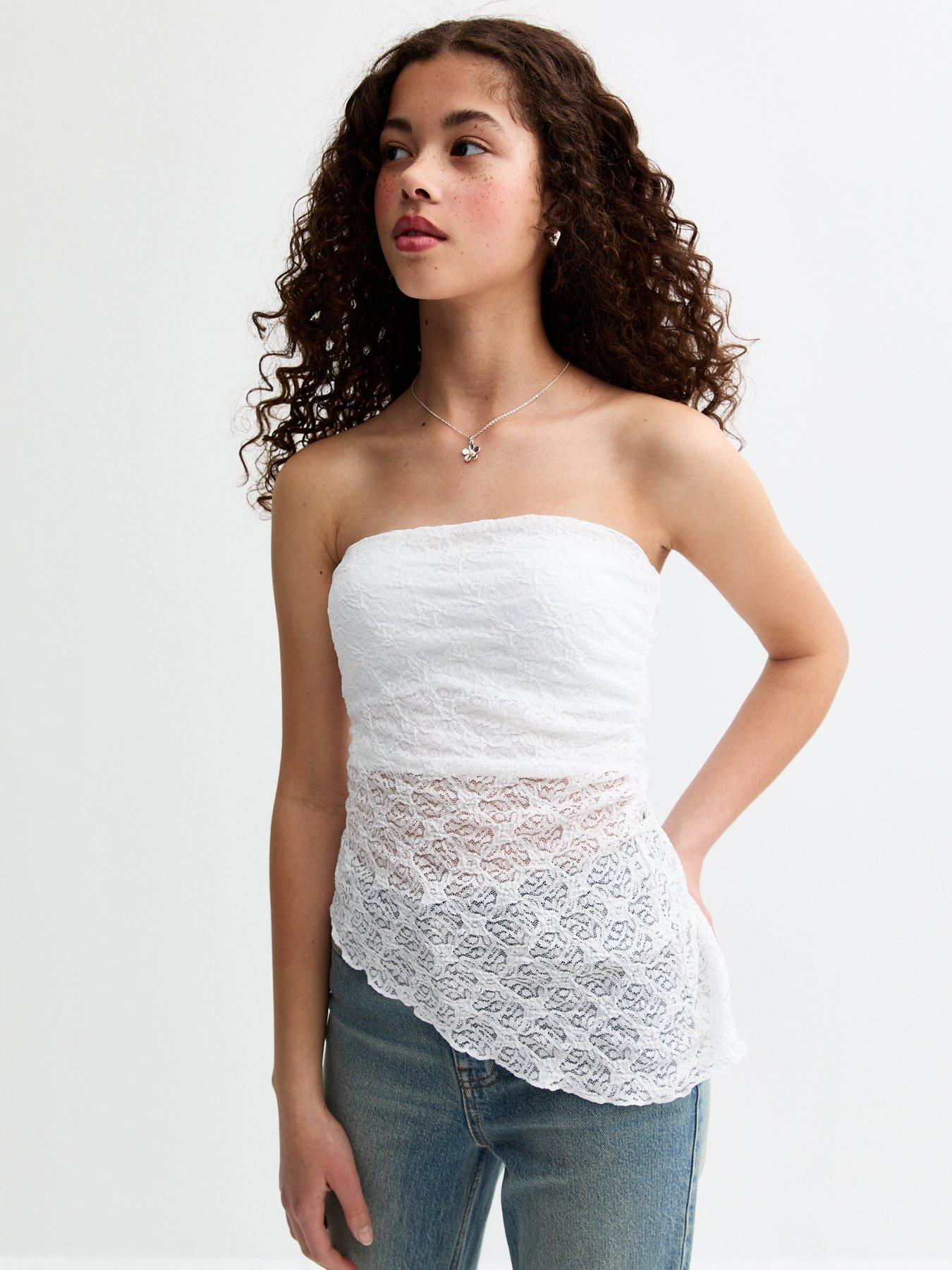 undefined Girls Jersey Lace Asymmetric Bandeau Top - White