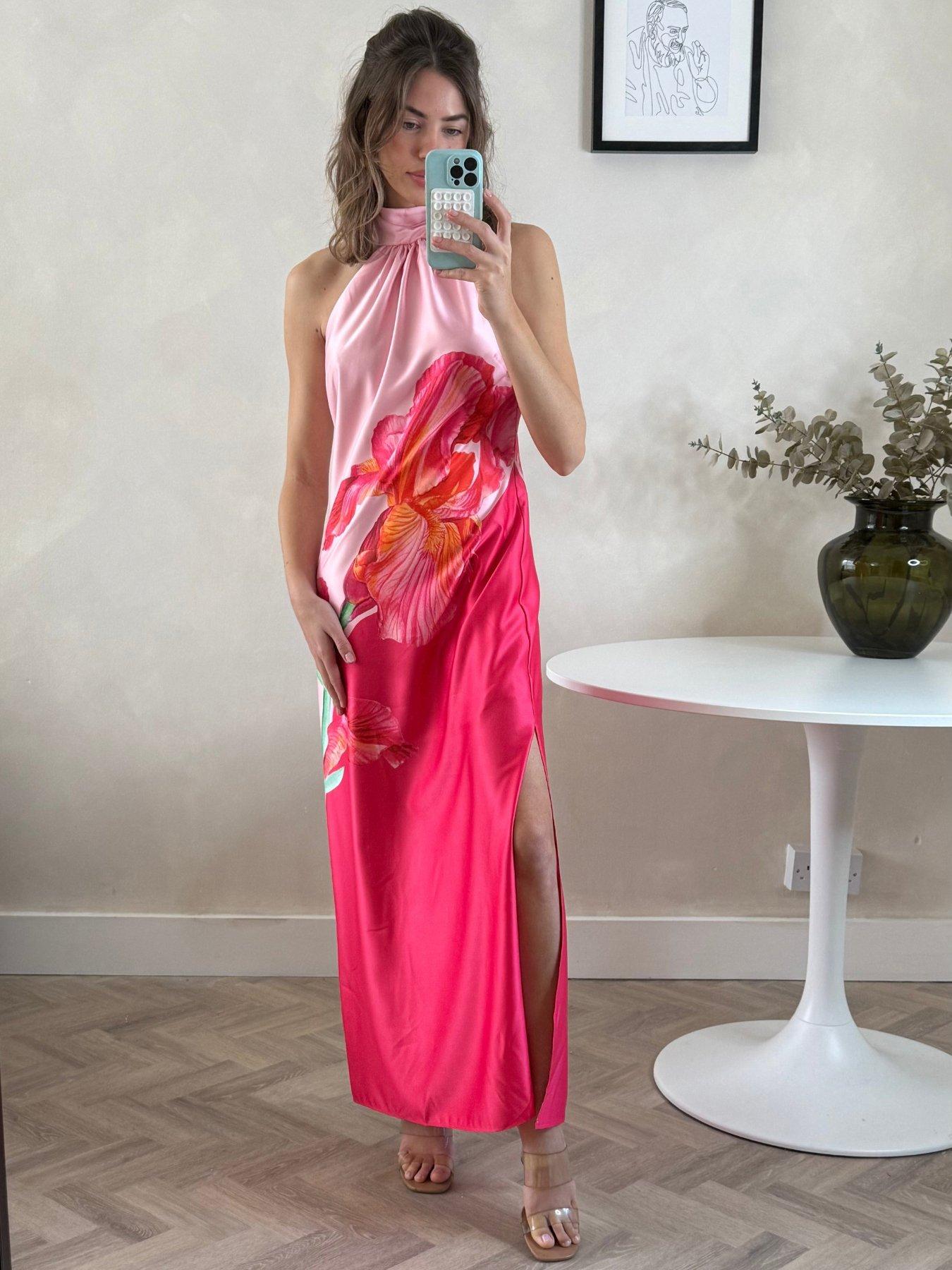 undefined Halter Neck Tropical Floral Midi Dress - Pink