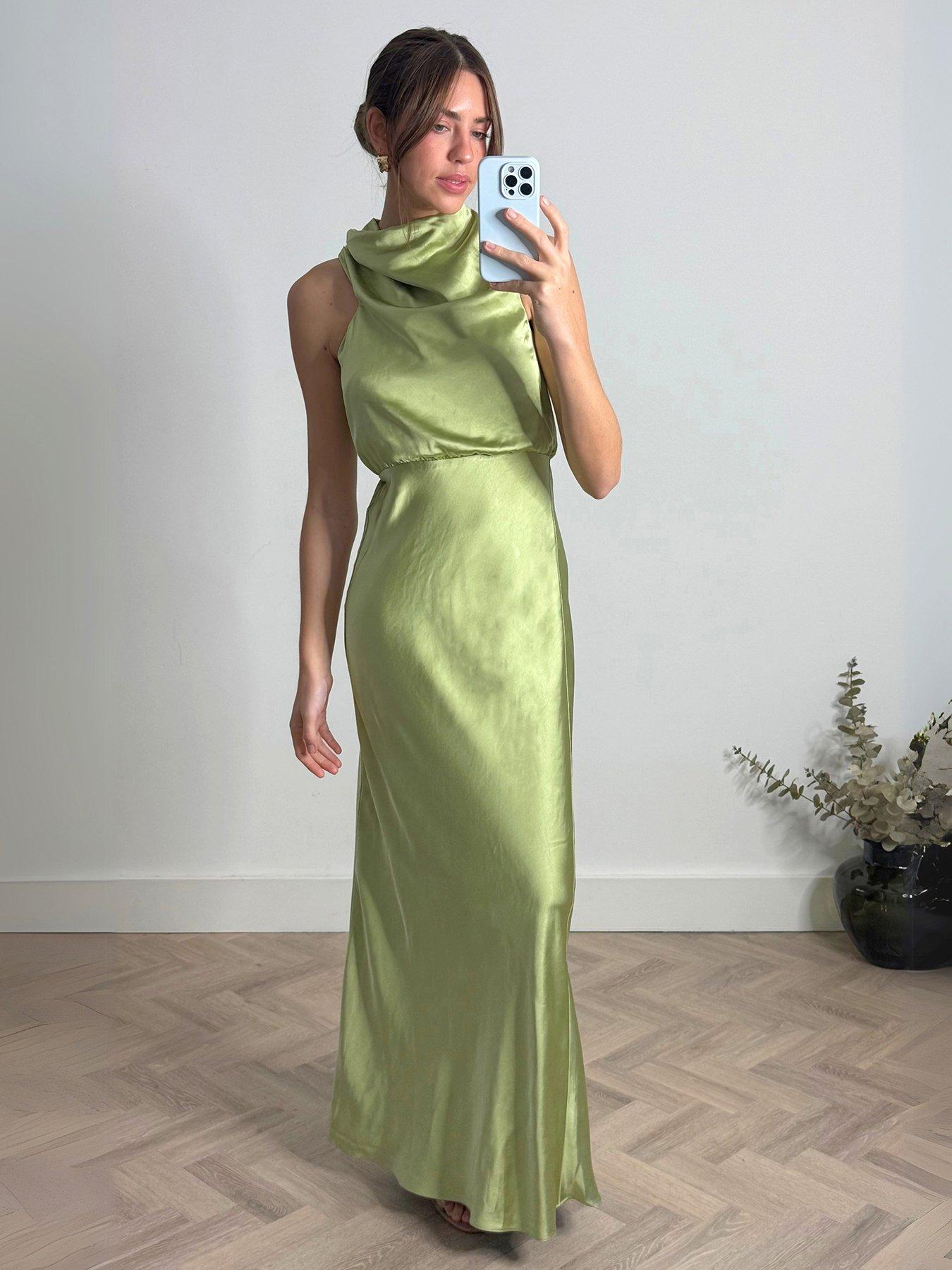 undefined Draped Satin Maxi Dress - Green
