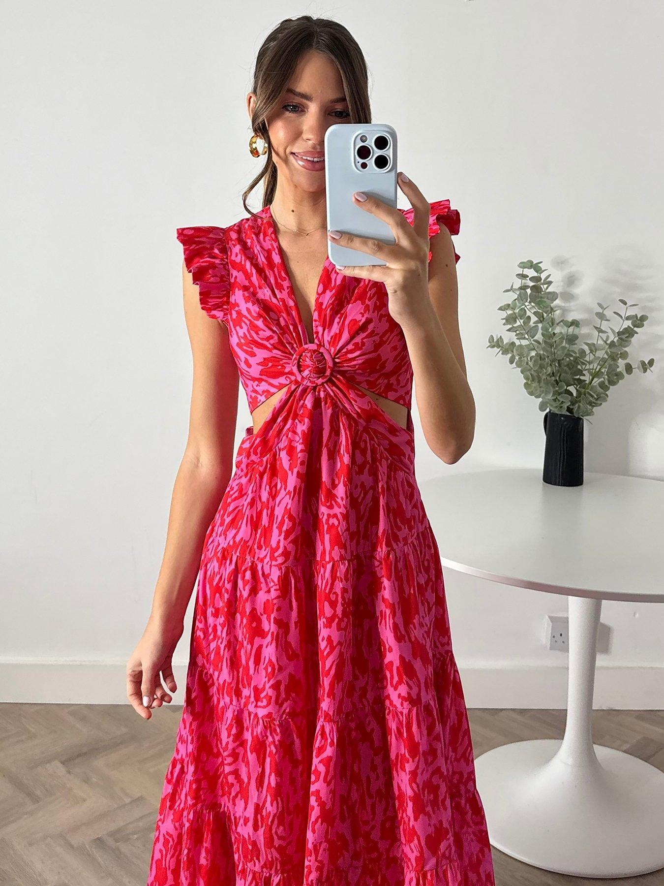 undefined Indie Cut Out Tiered Midi Dress - Pink