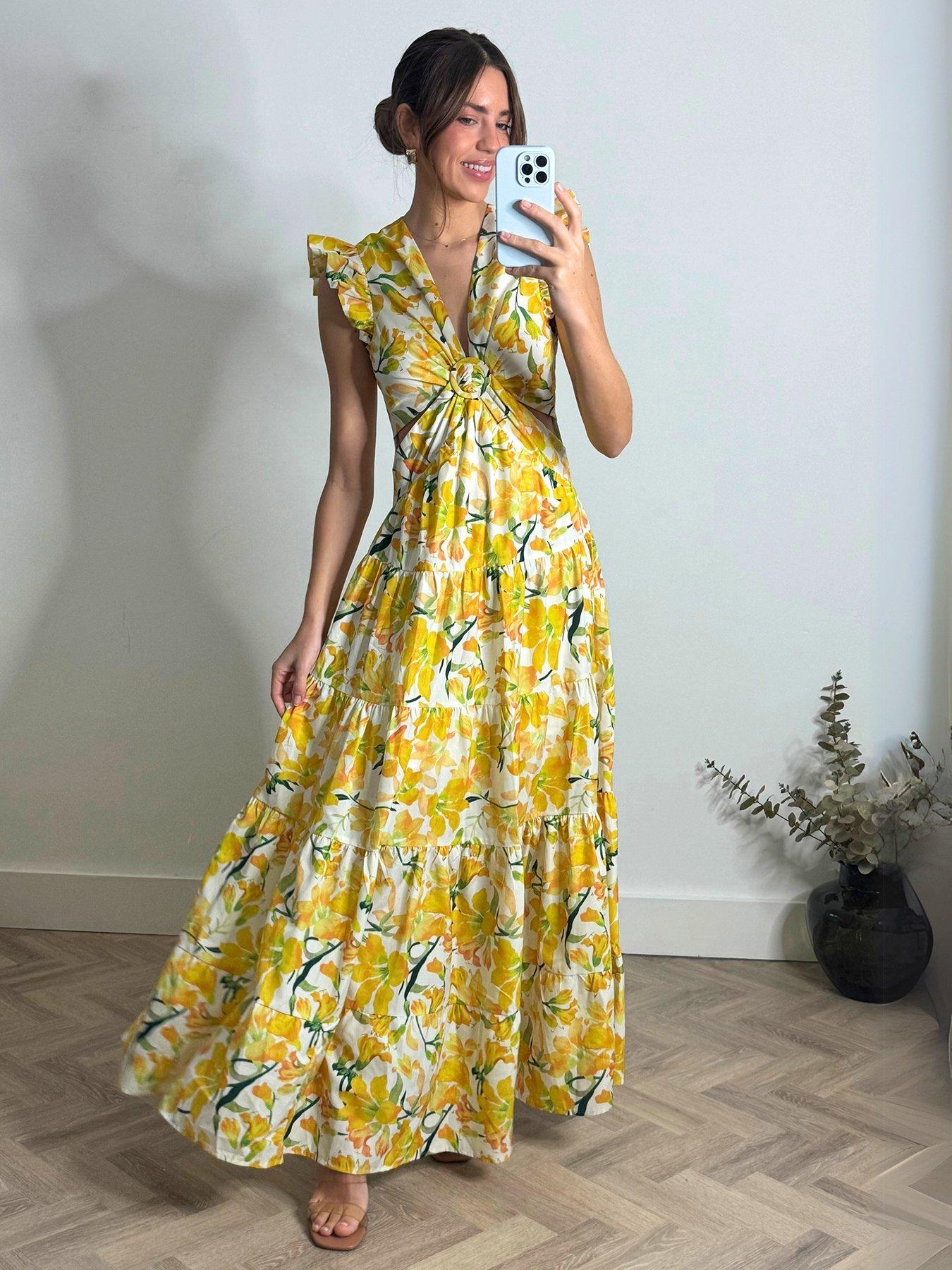 undefined Indie Cut Out Tiered Midi Dress - Yellow