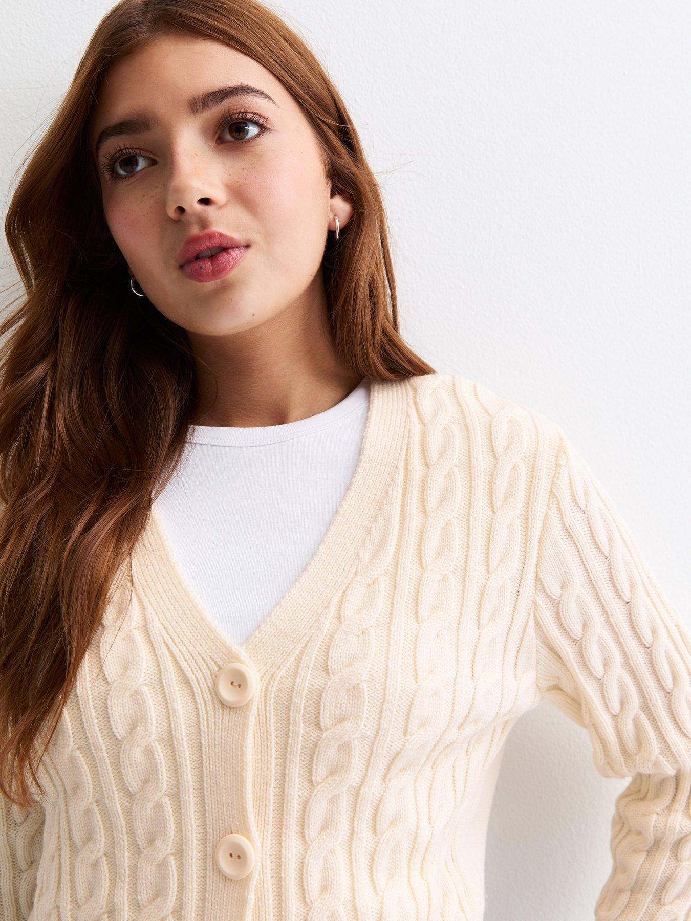 New Look 915 Girls Cream Cable Knit Crop Cardigan Very