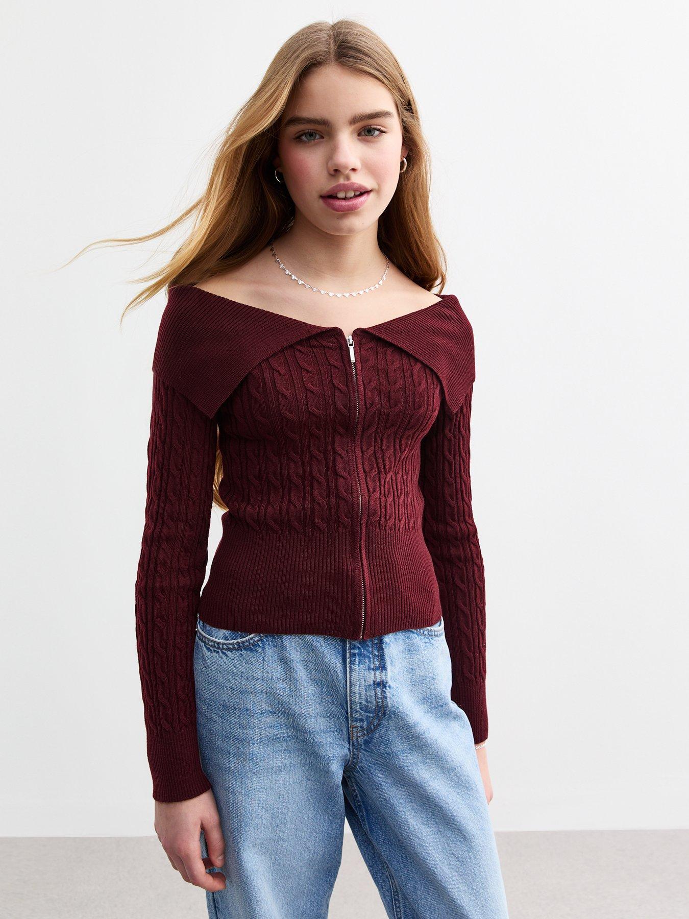 undefined Girls Burgundy Cable Knit Zip Through Bardot Jumper