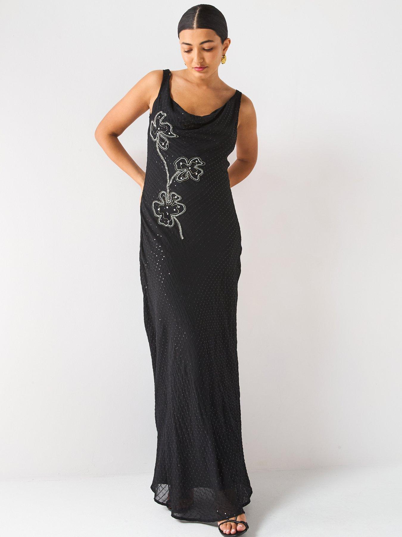 undefined Sequin Floral Cowl Maxi Dress