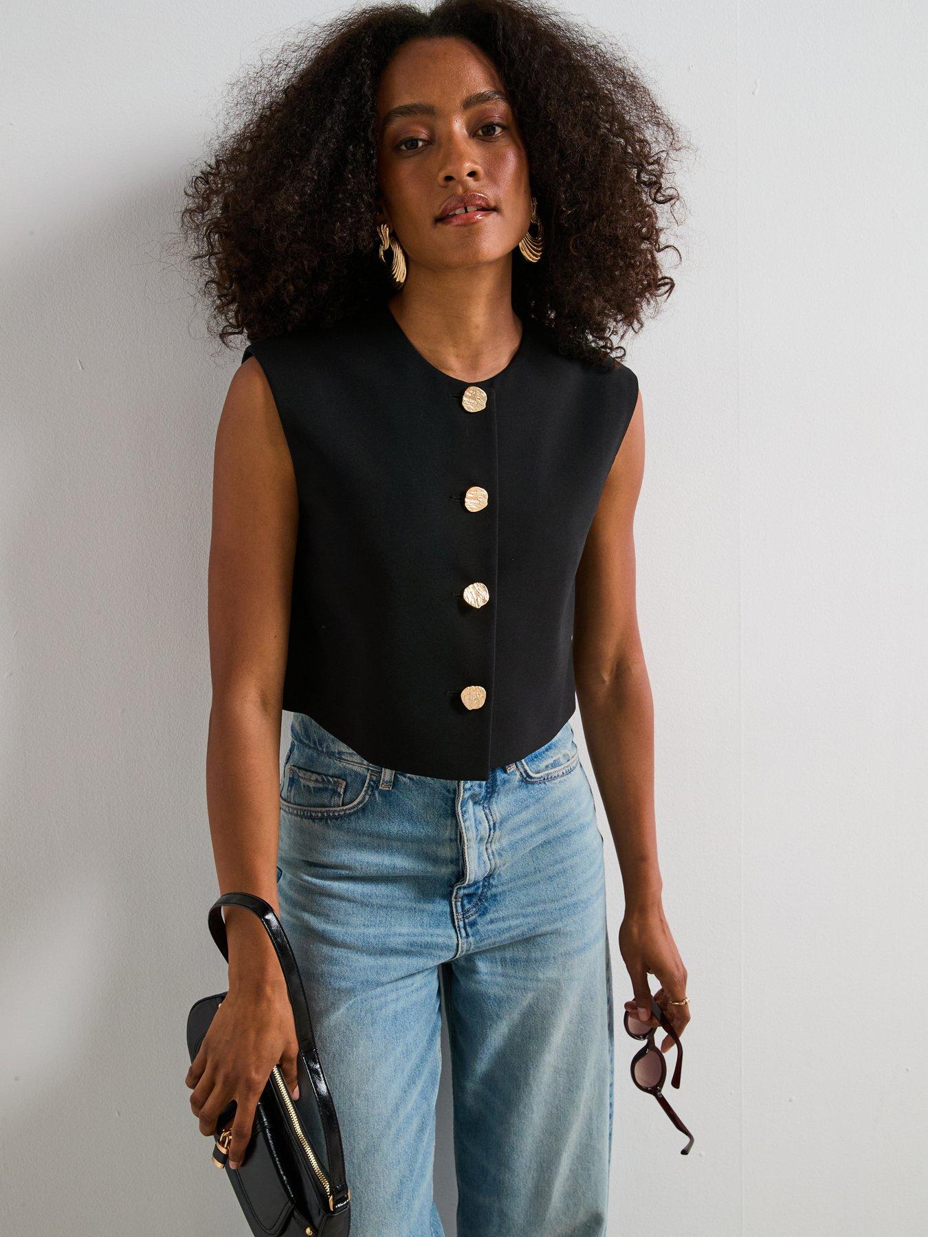 V by Very Round Neck Scoop Waistcoat with Statement Button - Black