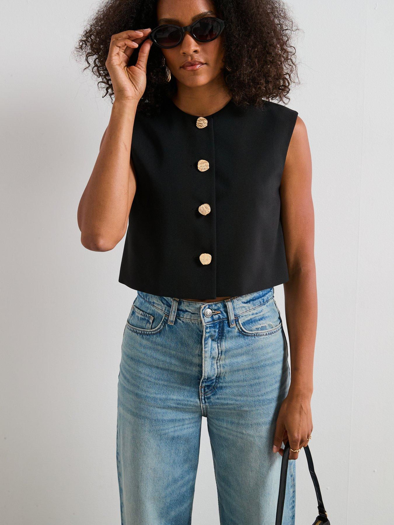 Image 5 of 6 of V by Very Round Neck Scoop Waistcoat with Statement Button - Black