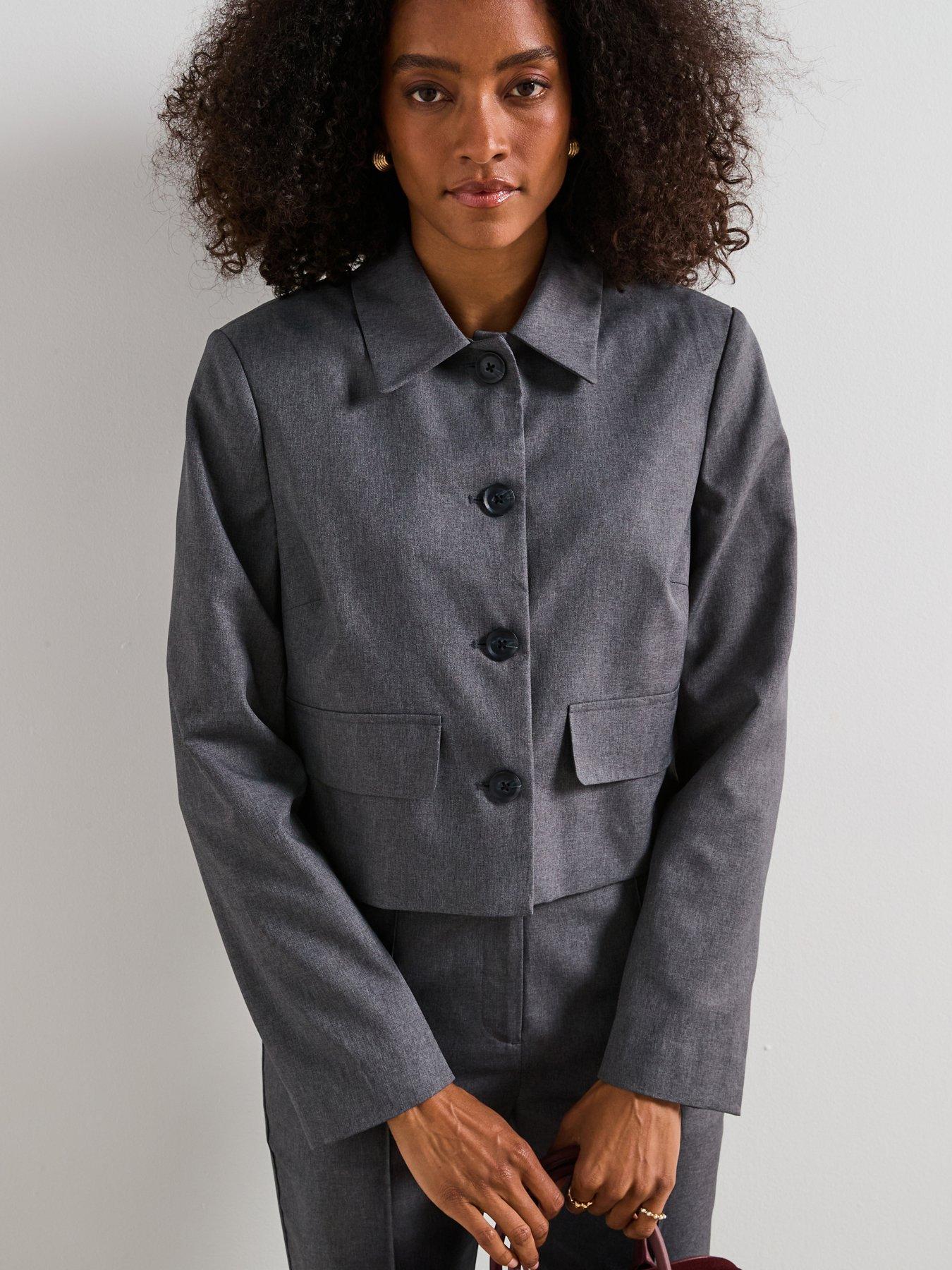 undefined Collar Neck Cropped Jacket - Grey