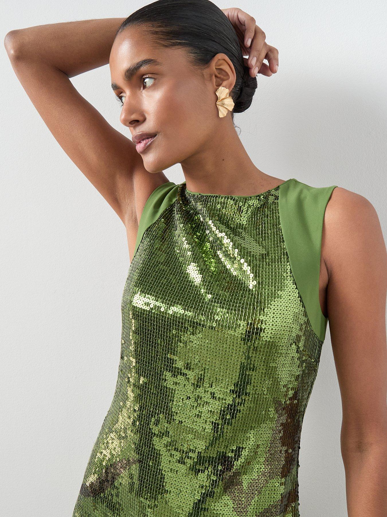 Image 4 of 6 of The Very Collection Sequin Flower Mini Shift Dress - Green