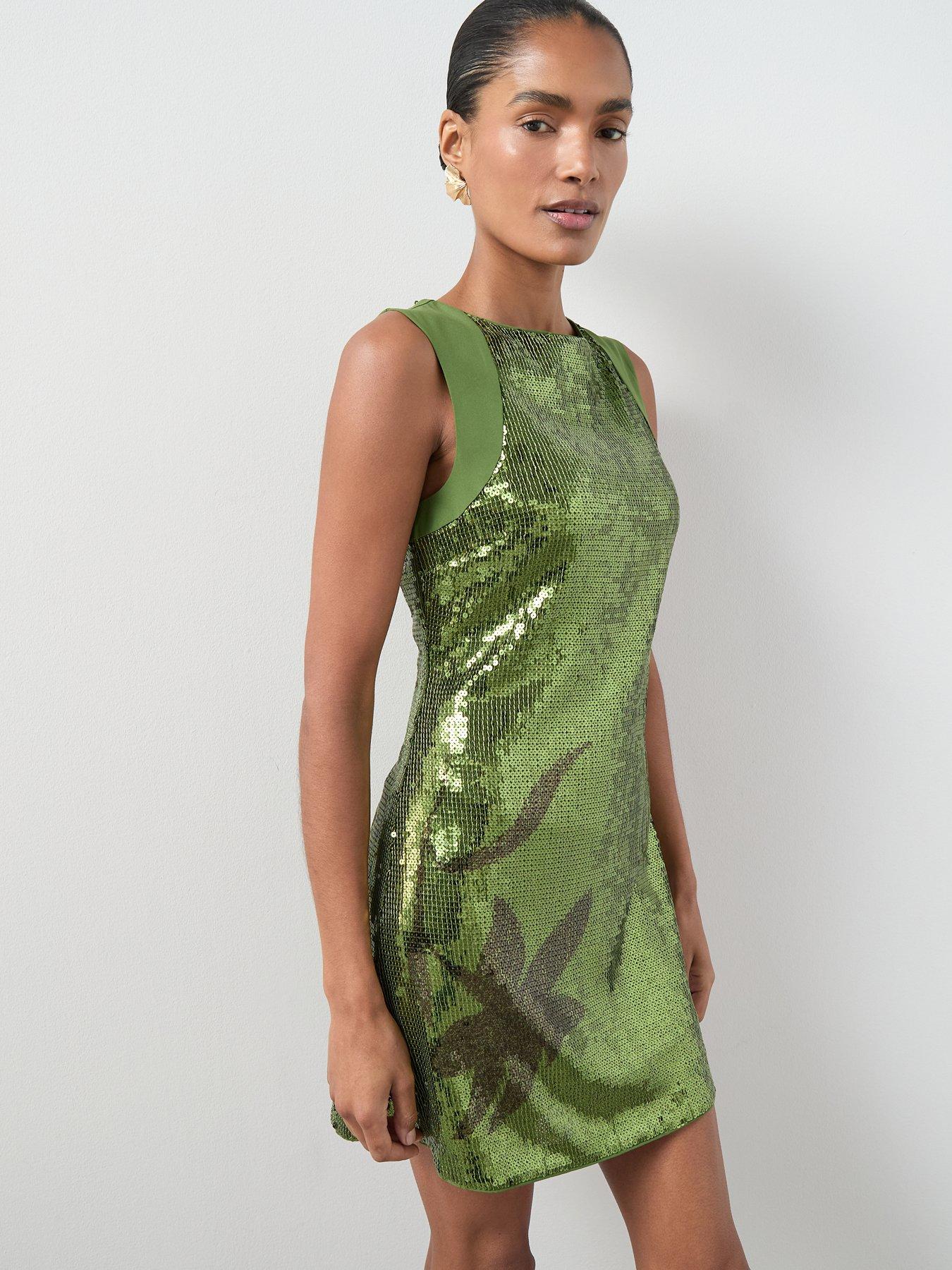 Image 6 of 6 of The Very Collection Sequin Flower Mini Shift Dress - Green