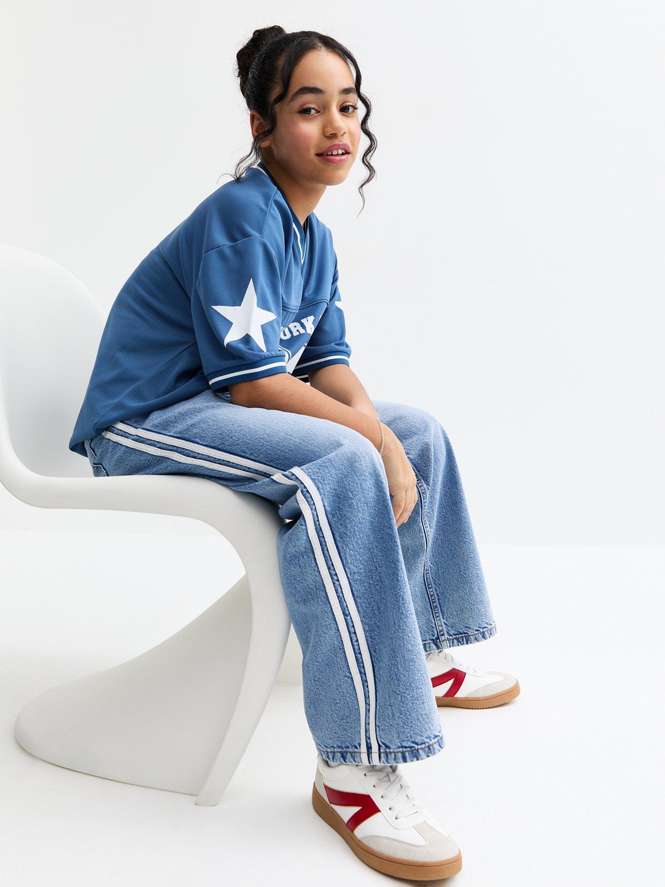 undefined Girls Blue Contrast Stripe Wide Leg Jeans