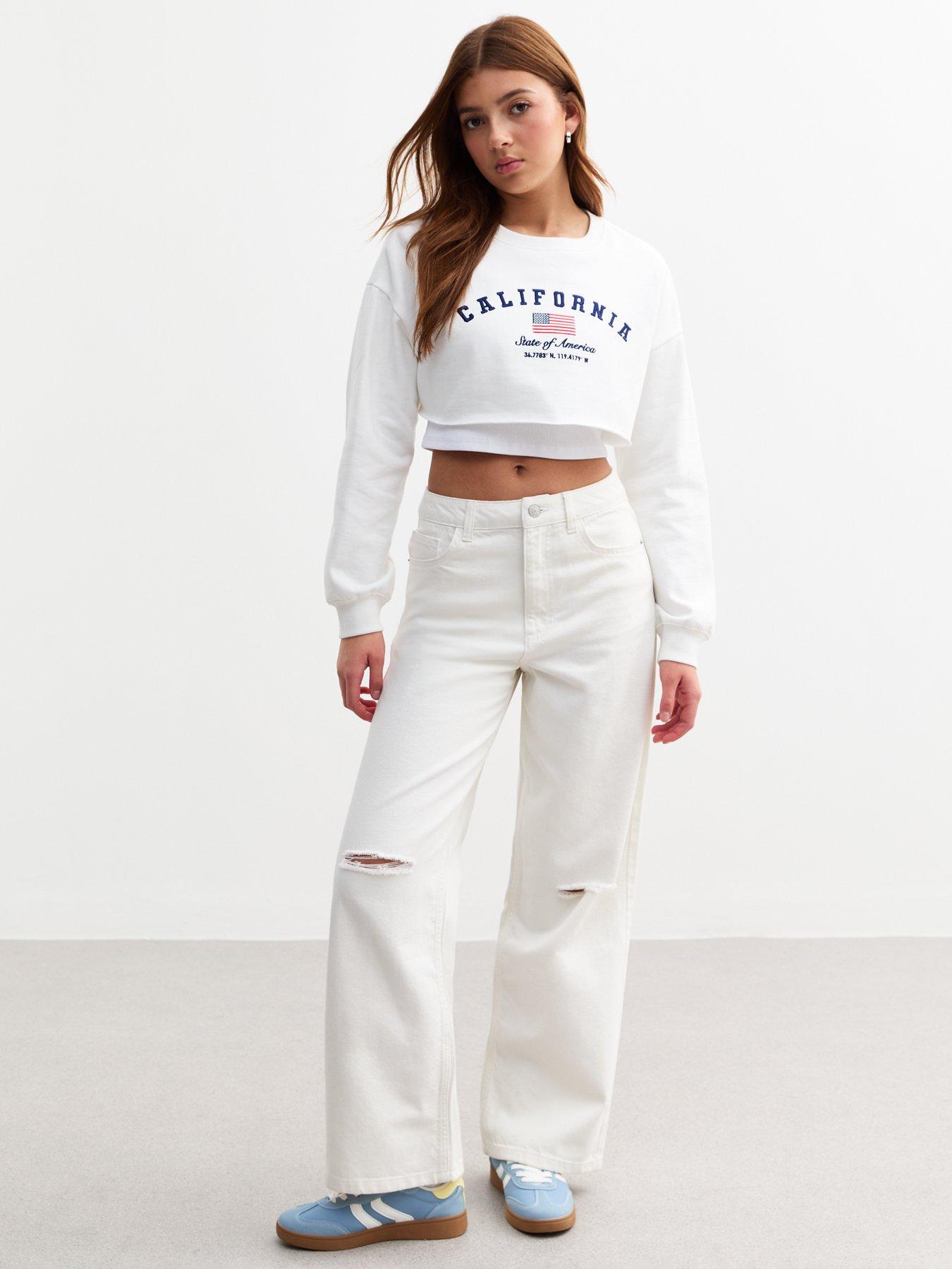 Image of New Look 915 Girls Ripped Knee Wide Leg Jeans - White