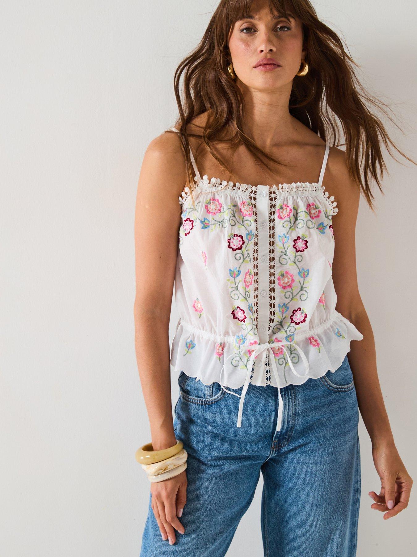 undefined Embroidered Cami Top - Cream