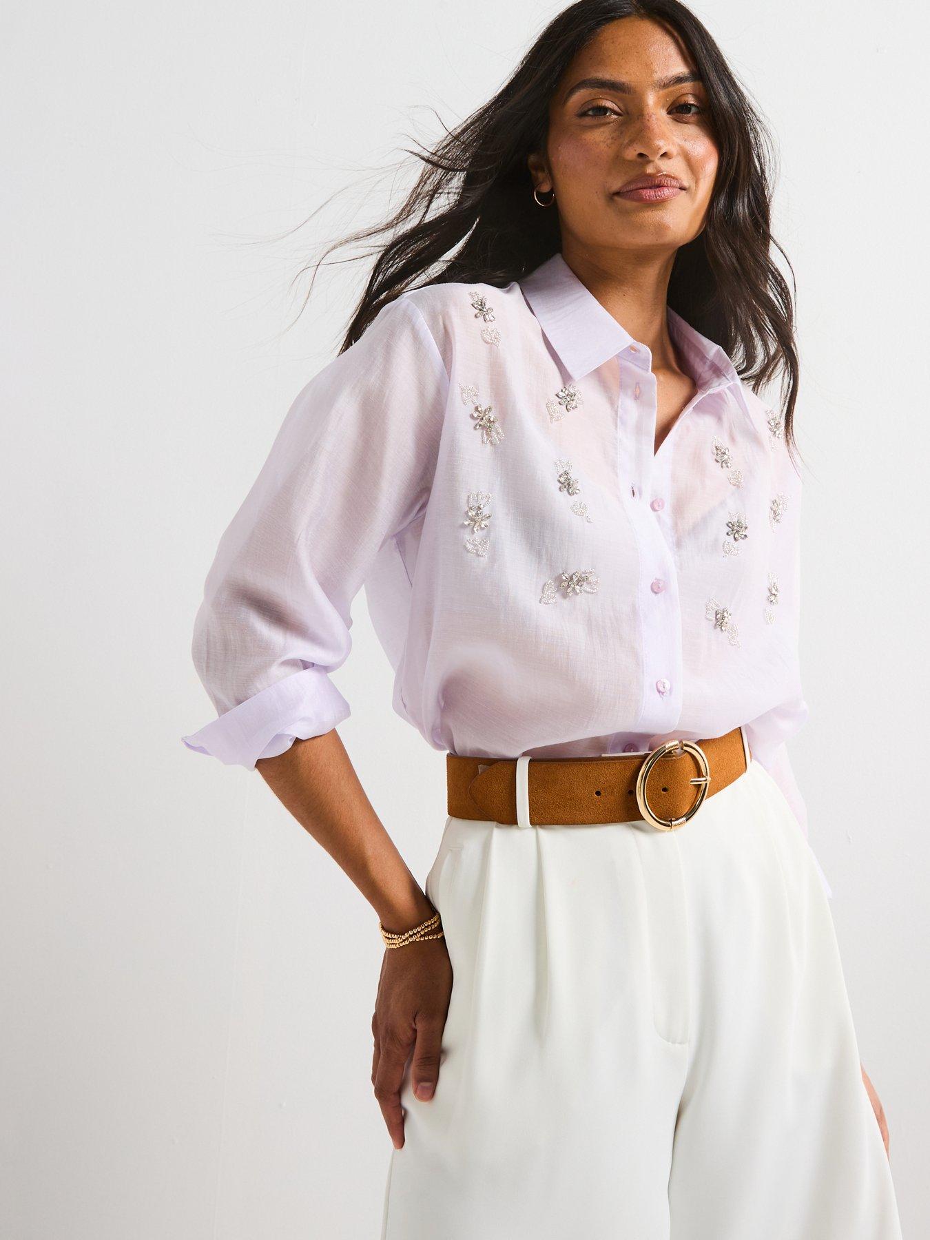 undefined Flower Embellished Longline Shirt - Purple