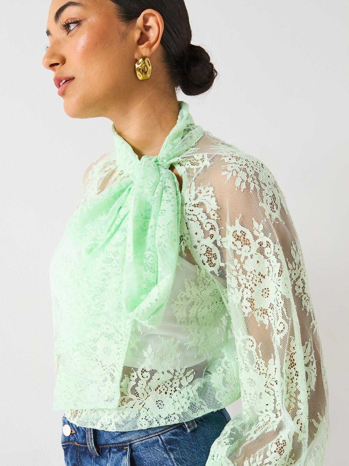 Image 4 of 6 of V by Very Lace Pussybow Blouse - Green