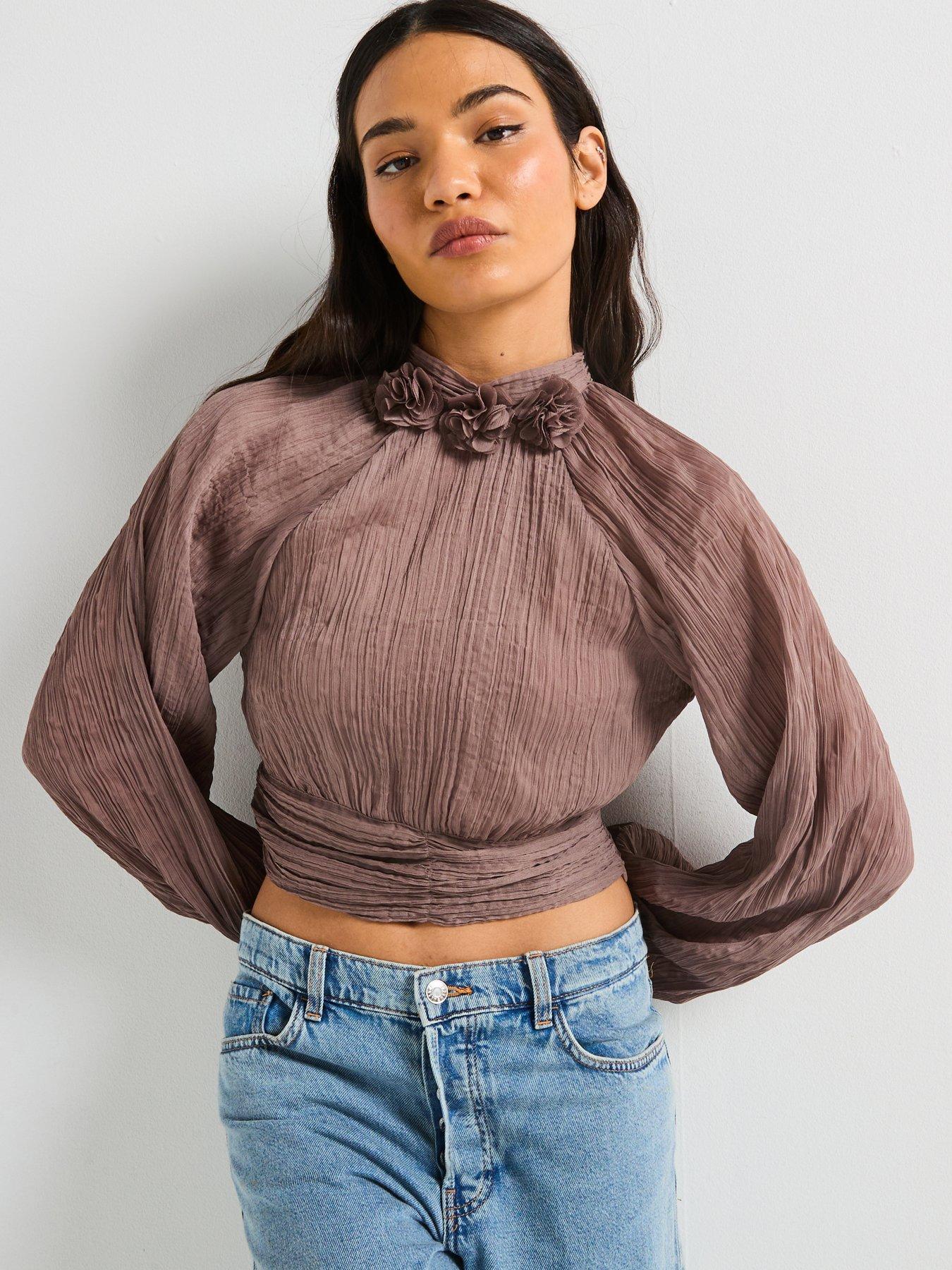 V by Very: Pleated Rosette Blouse - Brown