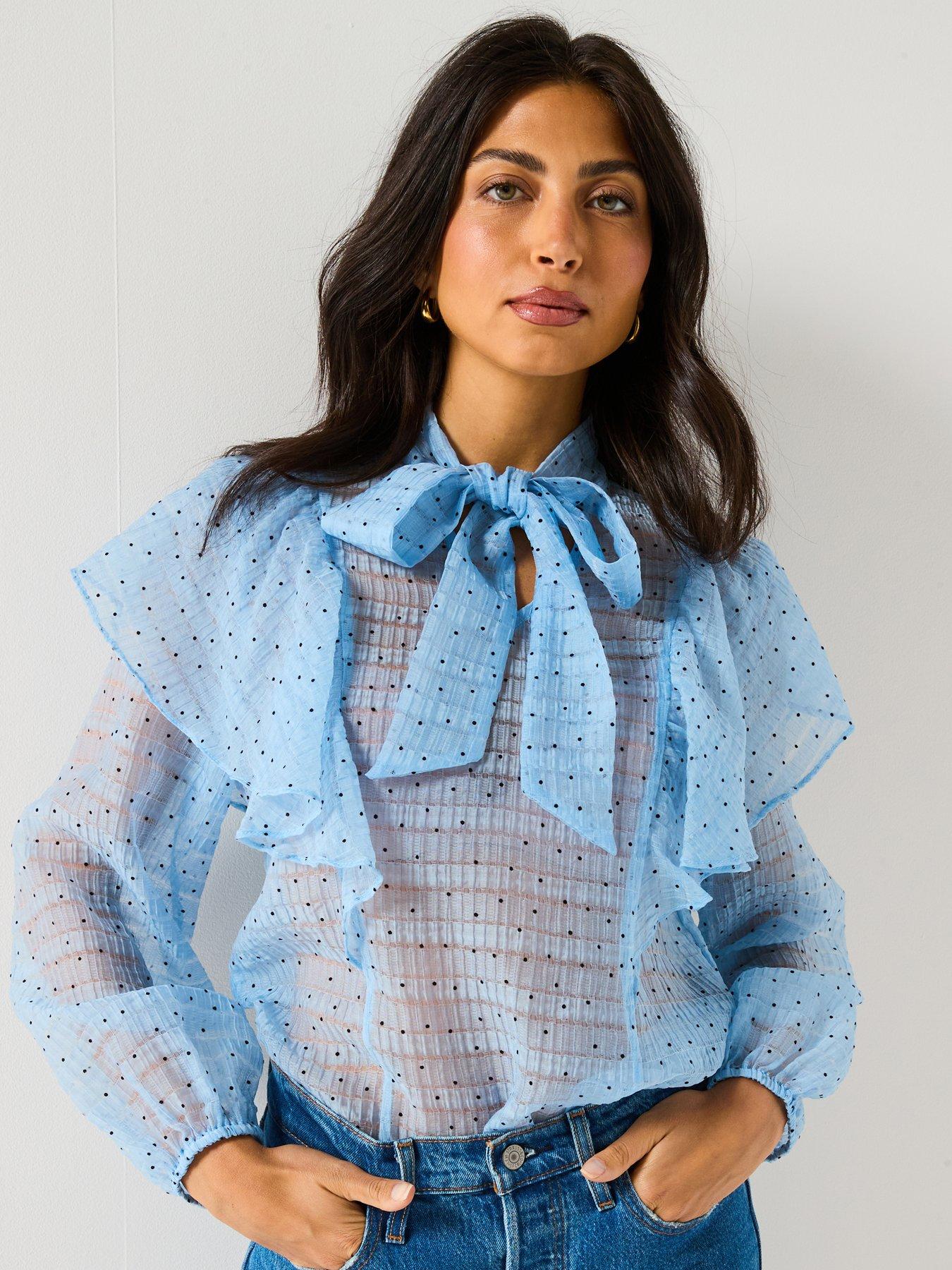 undefined Polka Dot Tie Front Blouse - Blue