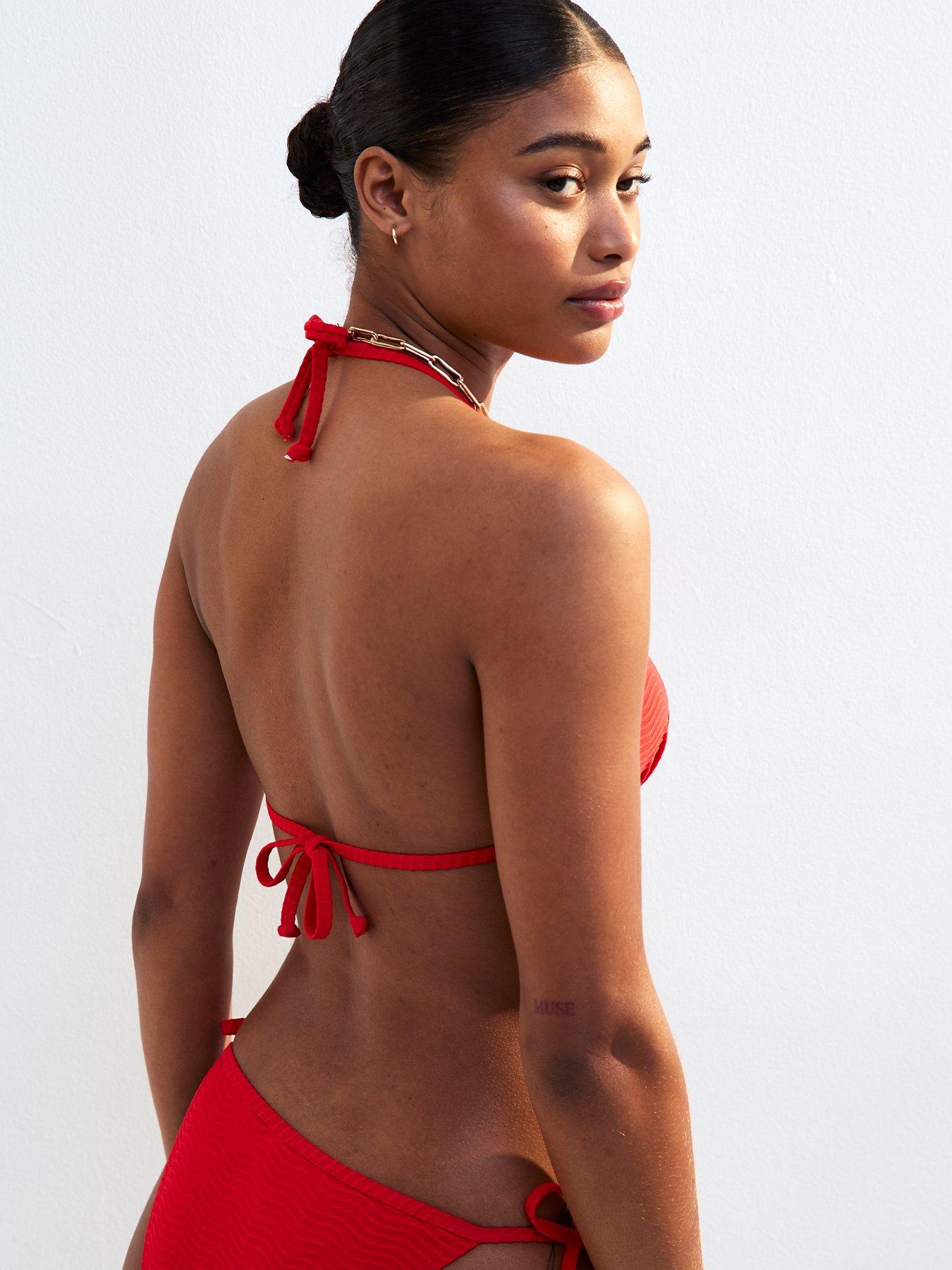 Image 2 of 5 of New Look Red Wave Textured Beaded Halterneck Bikini Top