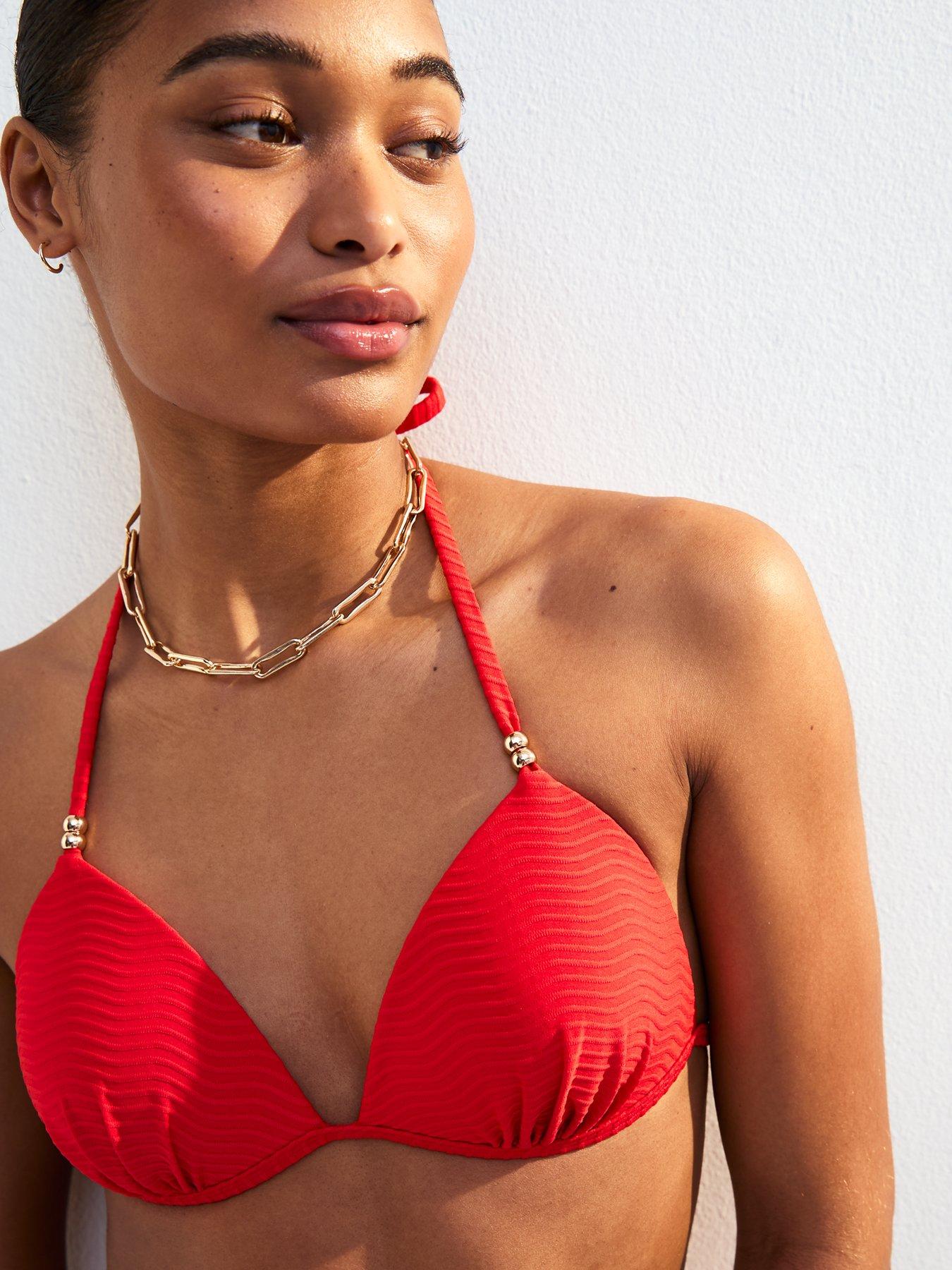 Image 4 of 5 of New Look Red Wave Textured Beaded Halterneck Bikini Top