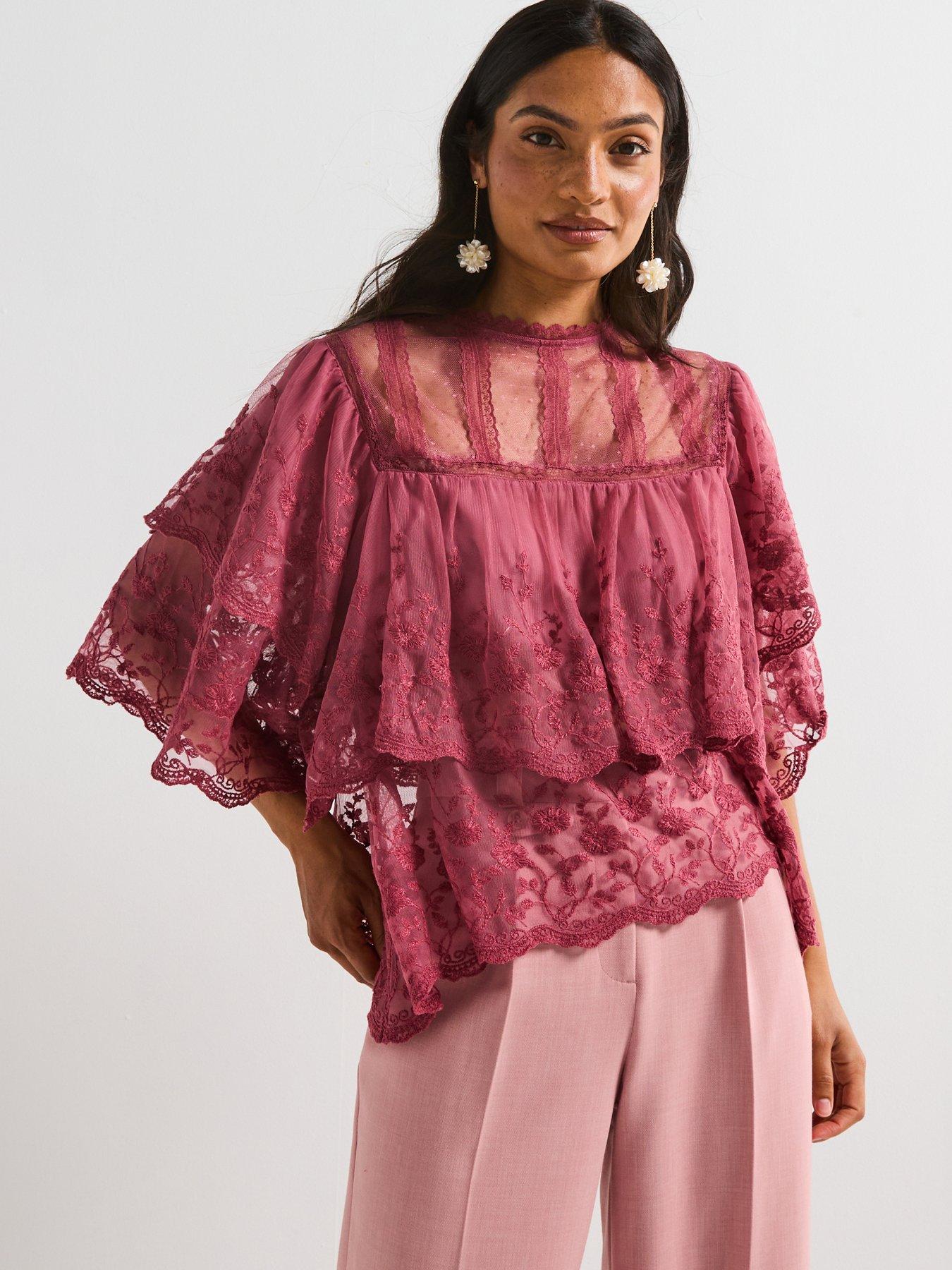 undefined Sheer Lace Frill Short Sleeve Blouse - Pink