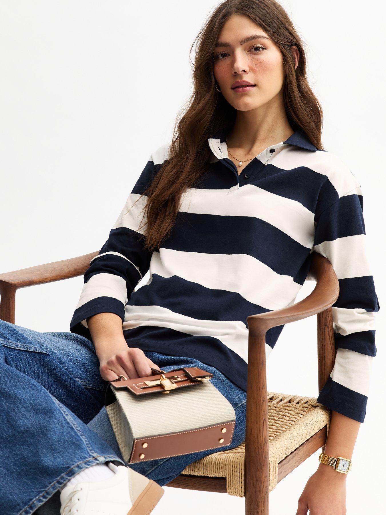 undefined Navy Rugby Stripe Long Sleeve Top