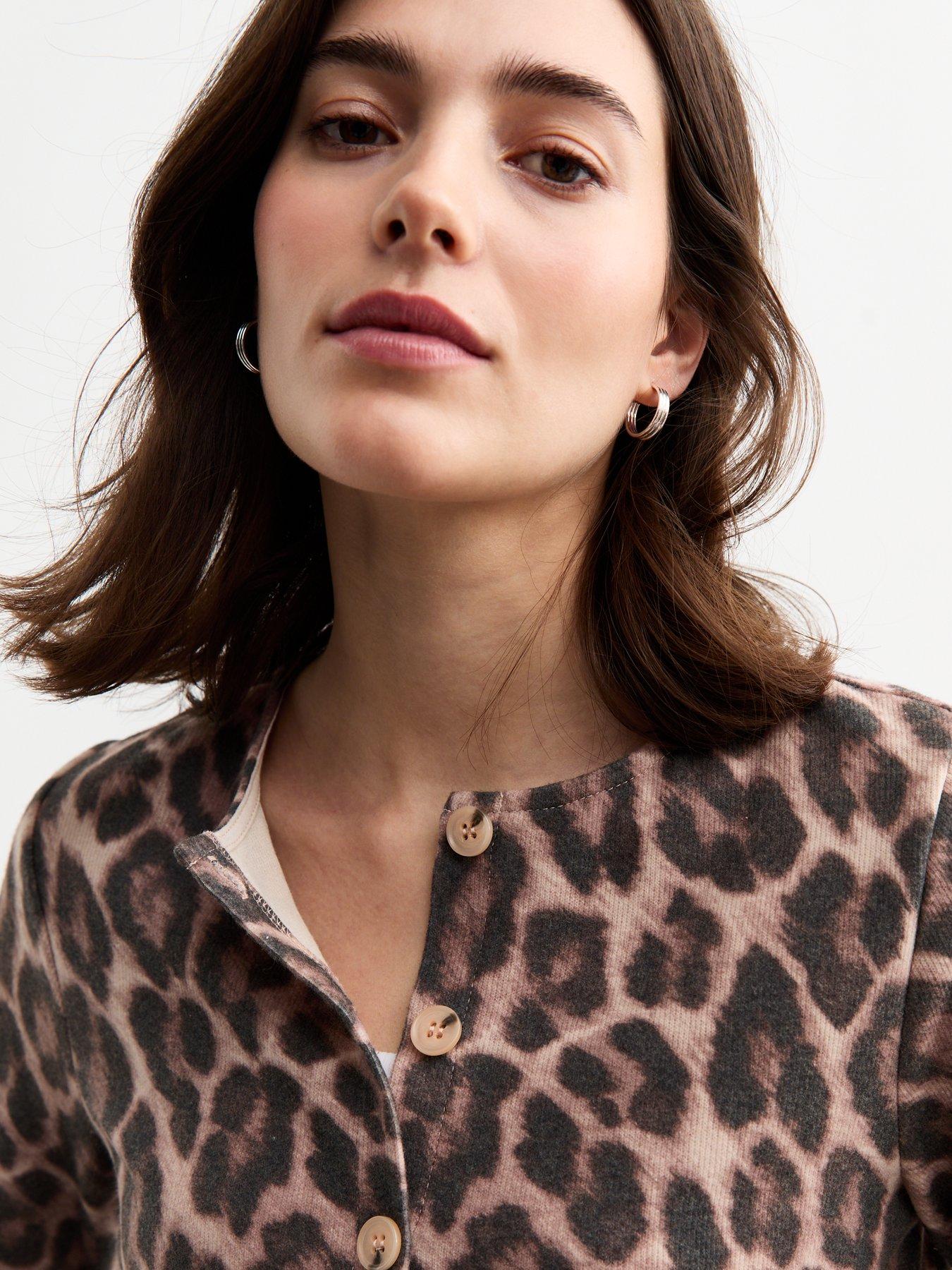 Khaki Oversize Color Block Trim Button Down Leopard Print Cardigan