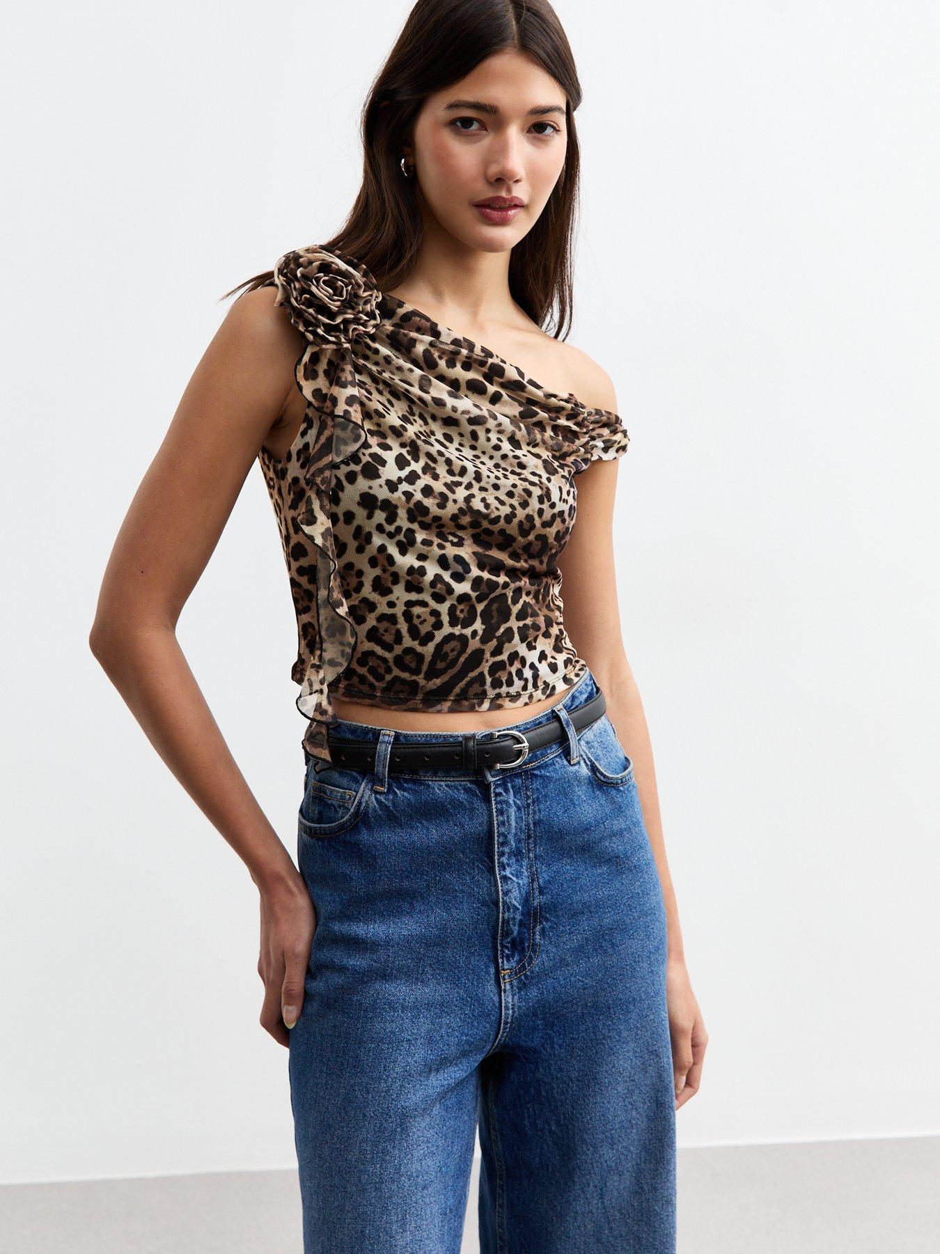 undefined Corsage Leopard Print One Shoulder Top - Brown