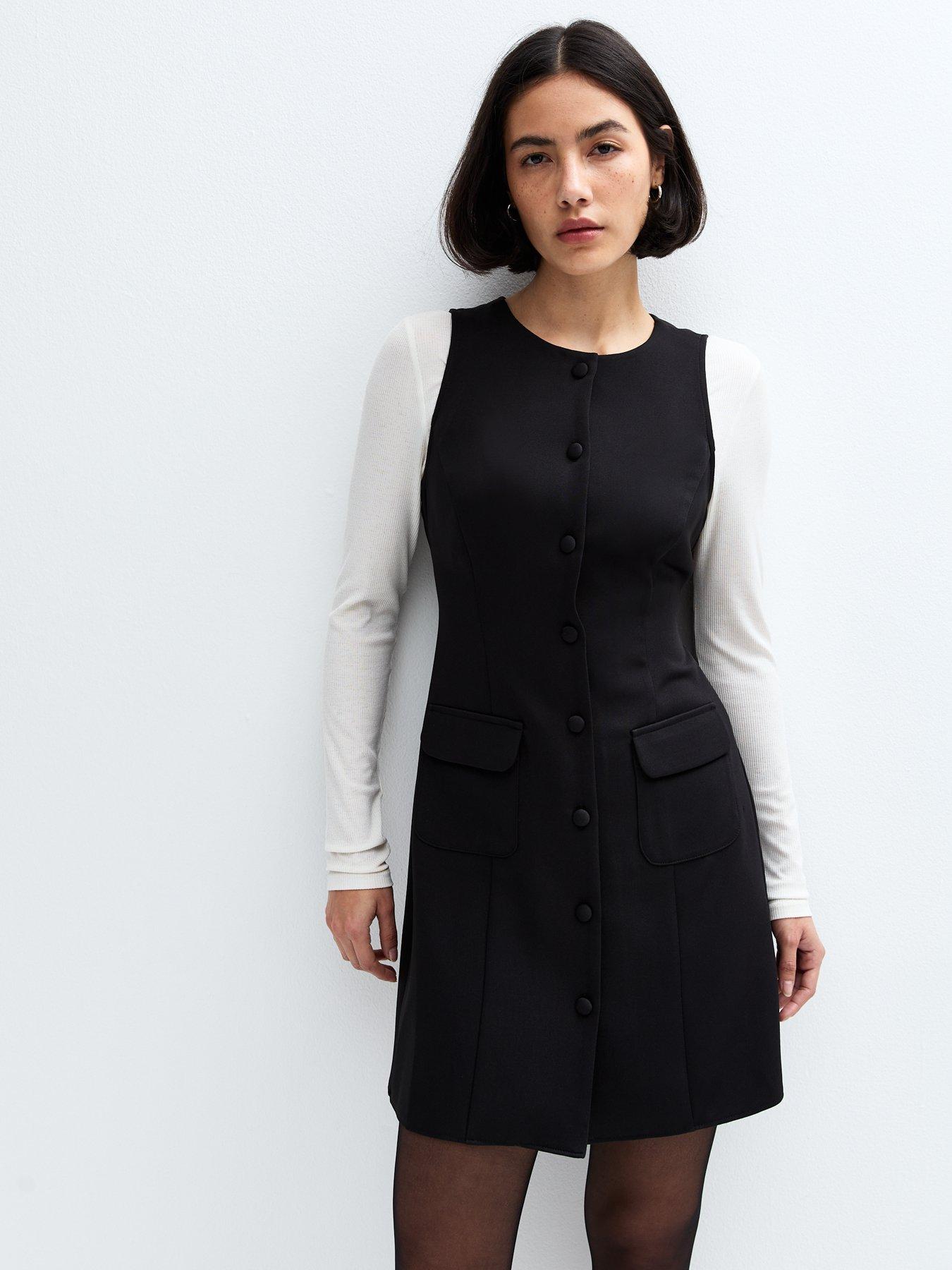 Image of New Look Tailored Button Front Pinafore Dress - Black