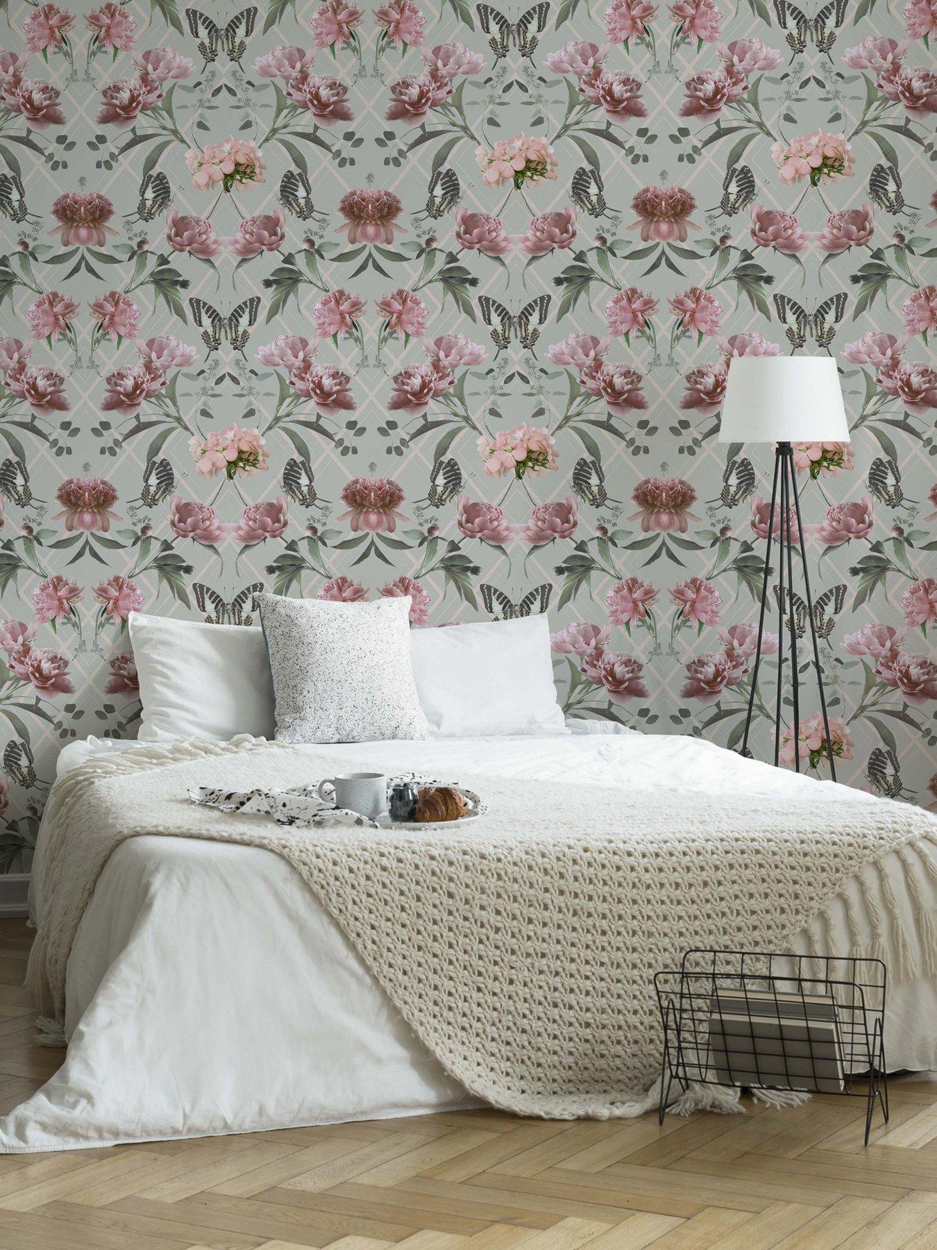 Sublime Botanical Trellis - Grey/Pink Wallpaper
