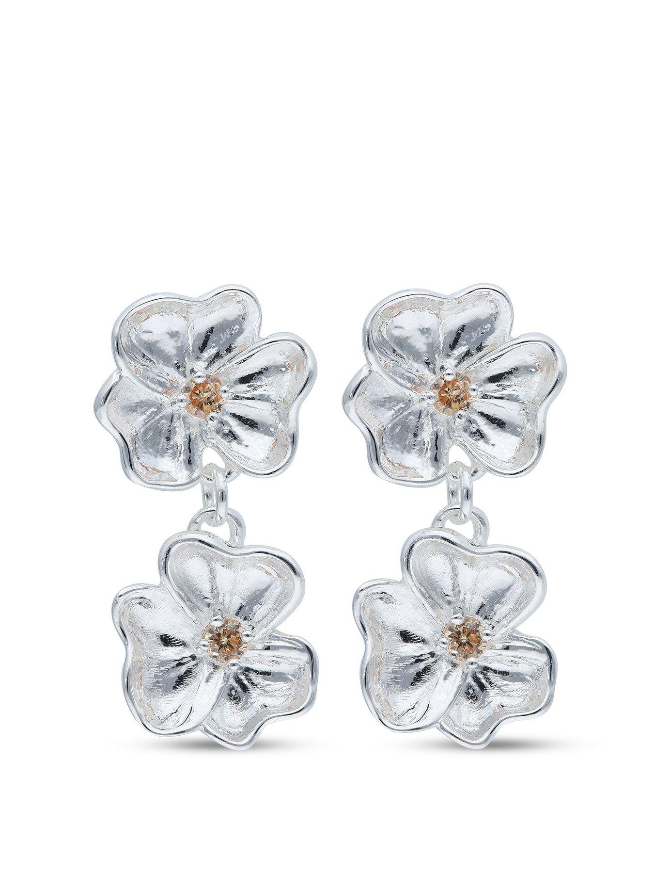 undefined Sterling Silver Flower Double Drop Earrings