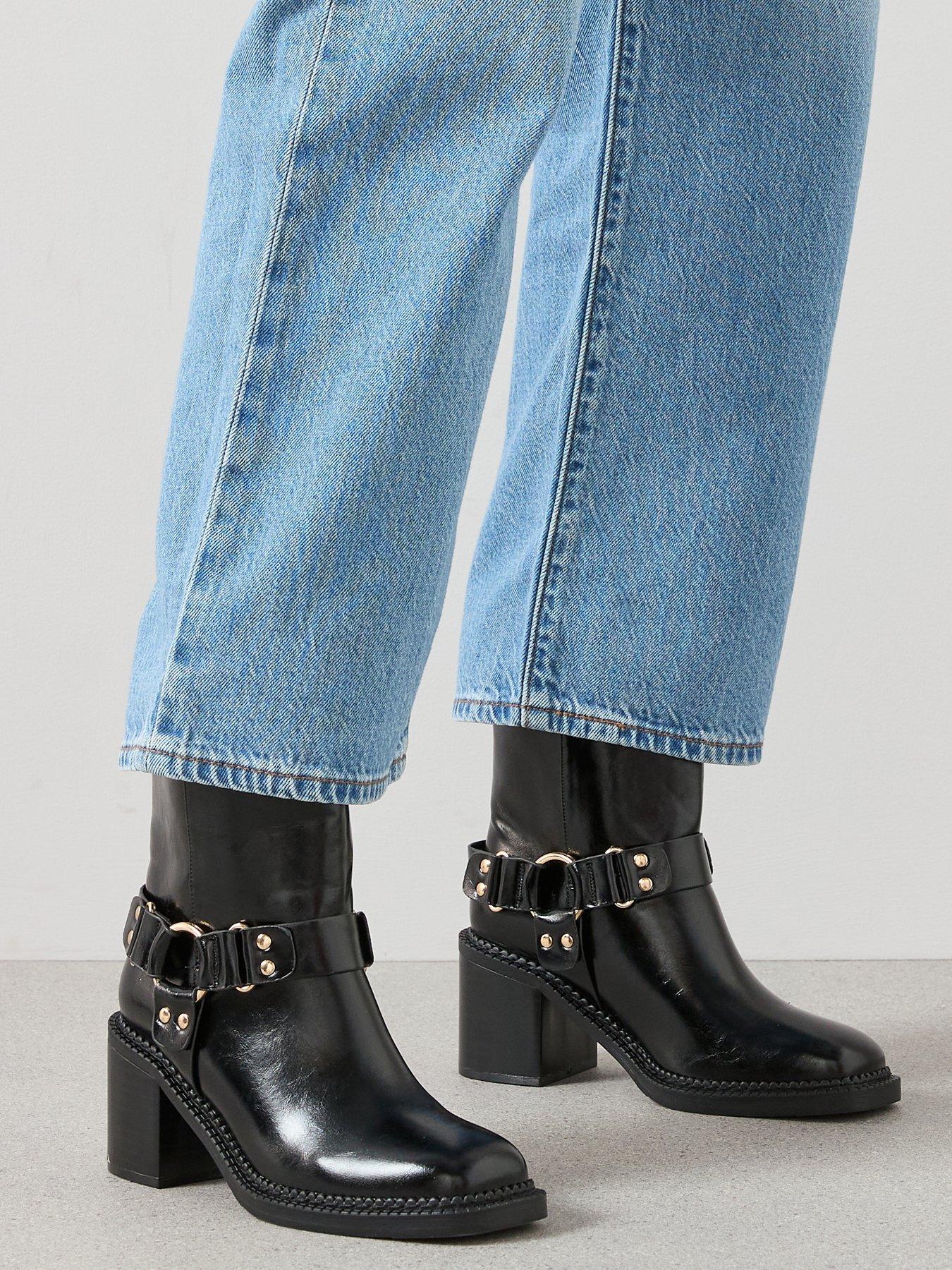 V by Very: Mid Calf Low Block Biker Boot - Black