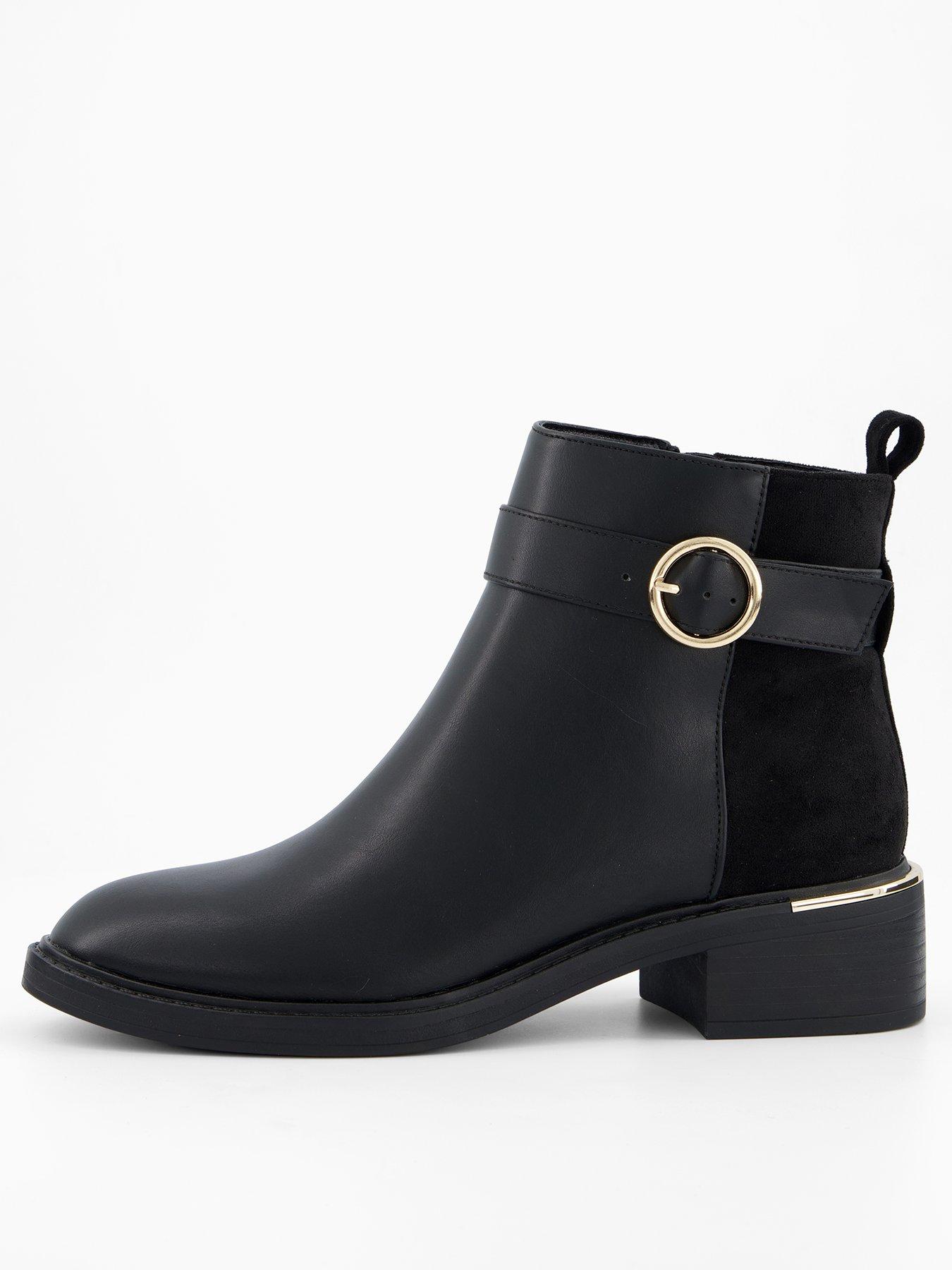 V by Very Buckle Strap Flat Ankle Boot - Black