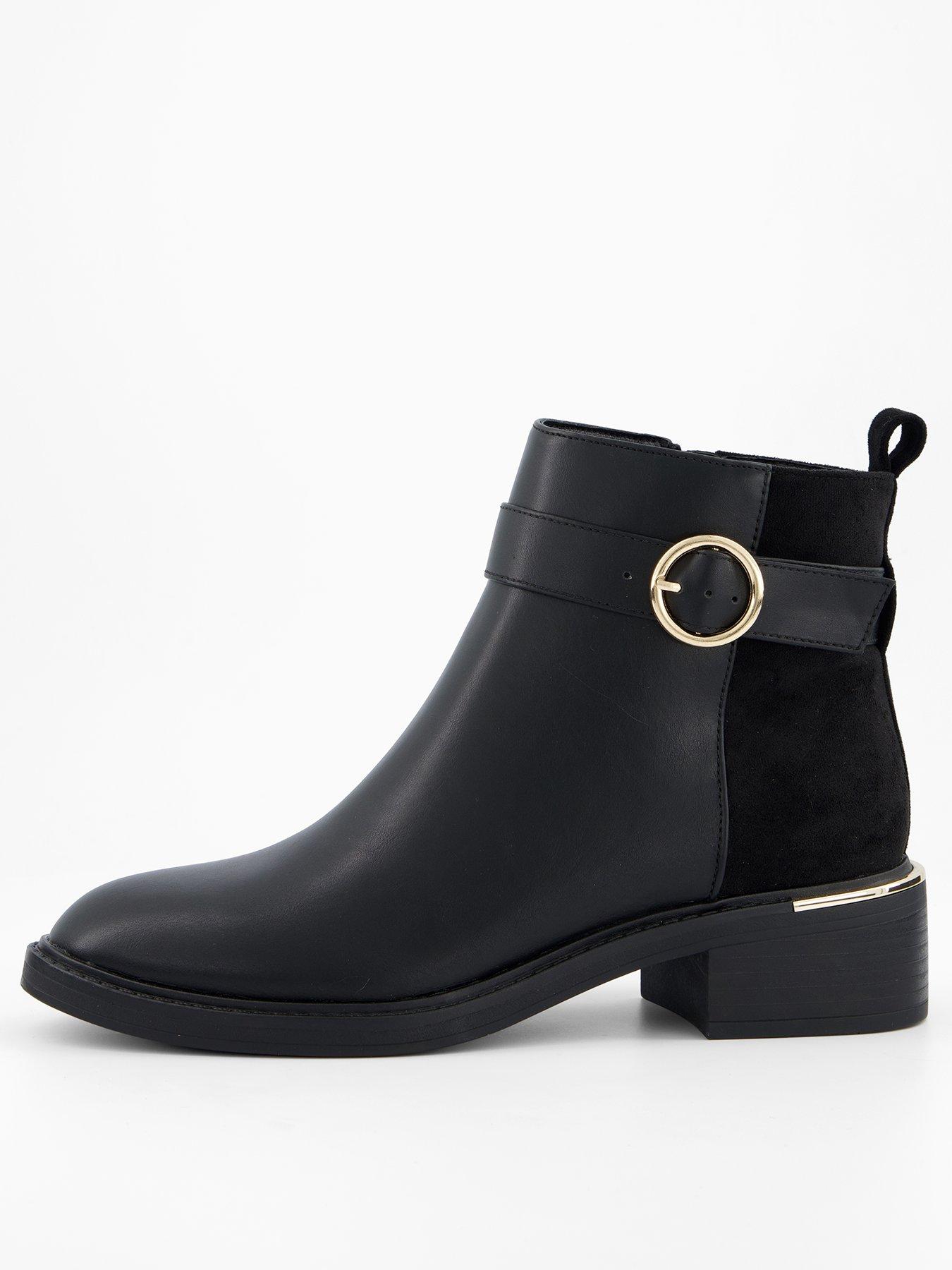 V by Very: Wide Fit Buckle Strap Flat Ankle Boot - Black