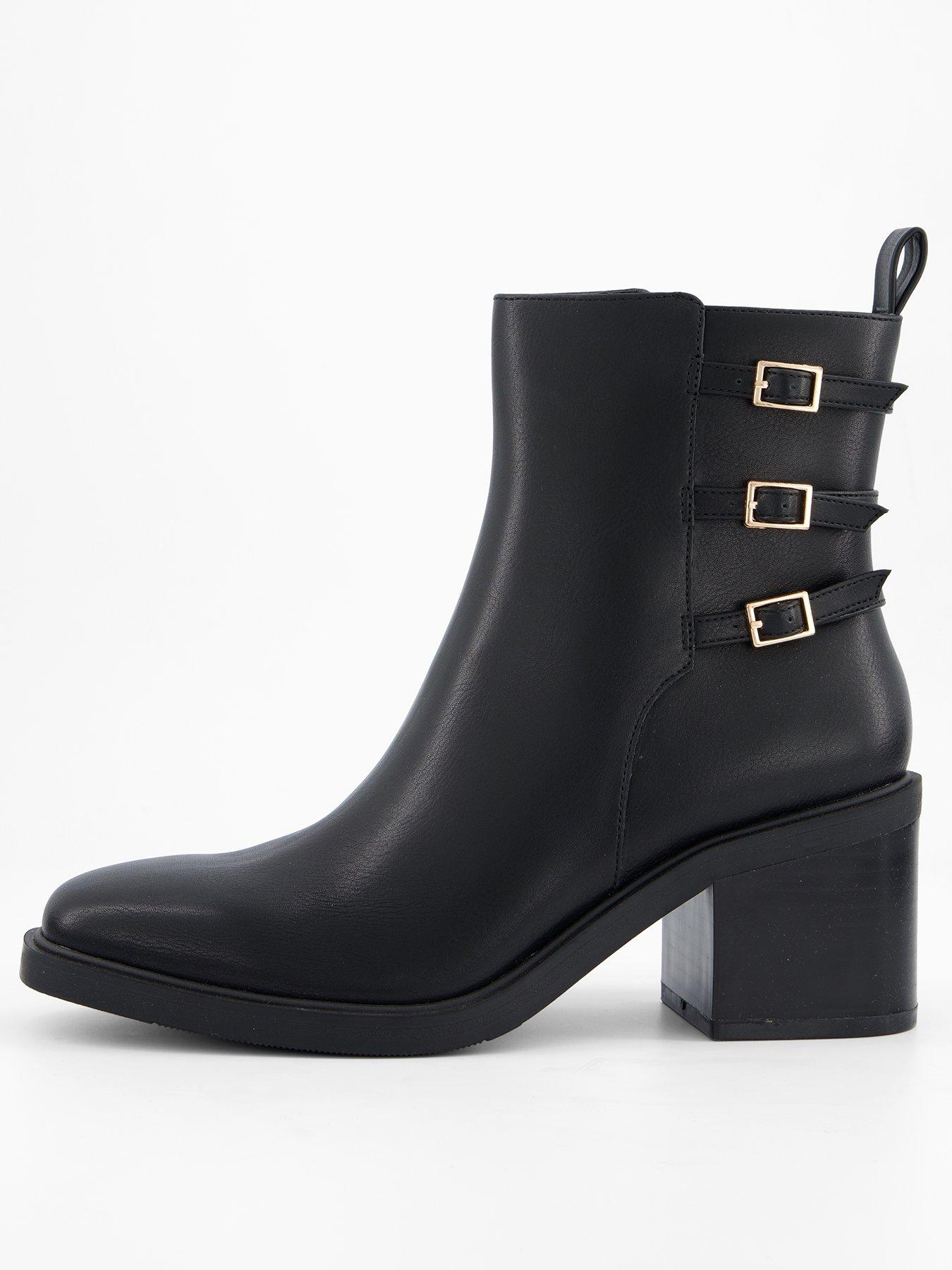 undefined Double Buckle Block Heel Ankle Boot - Black
