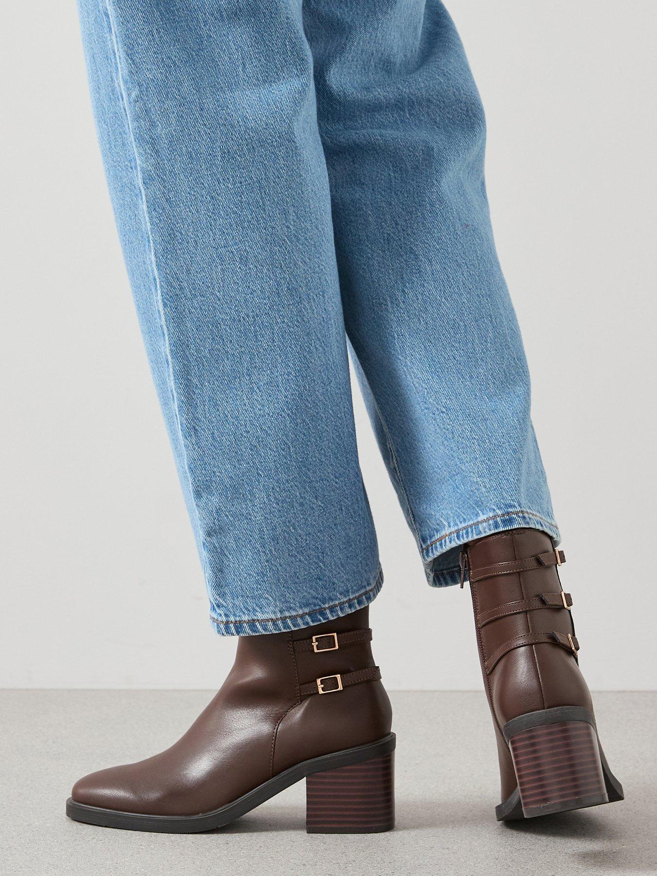V by Very Triple Buckle Block Heel Ankle Boot - Brown