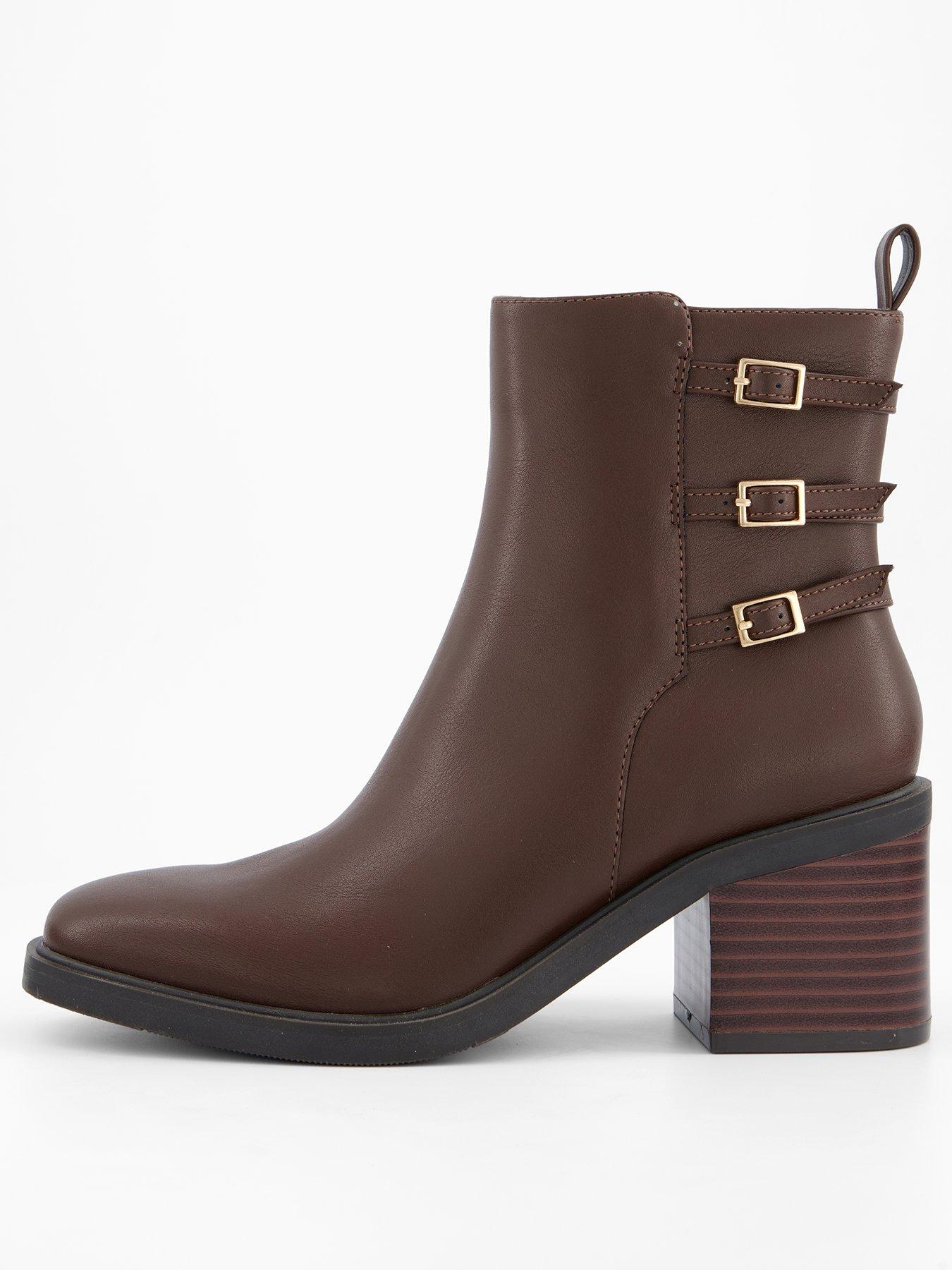 undefined Triple Buckle Block Heel Ankle Boot - Brown